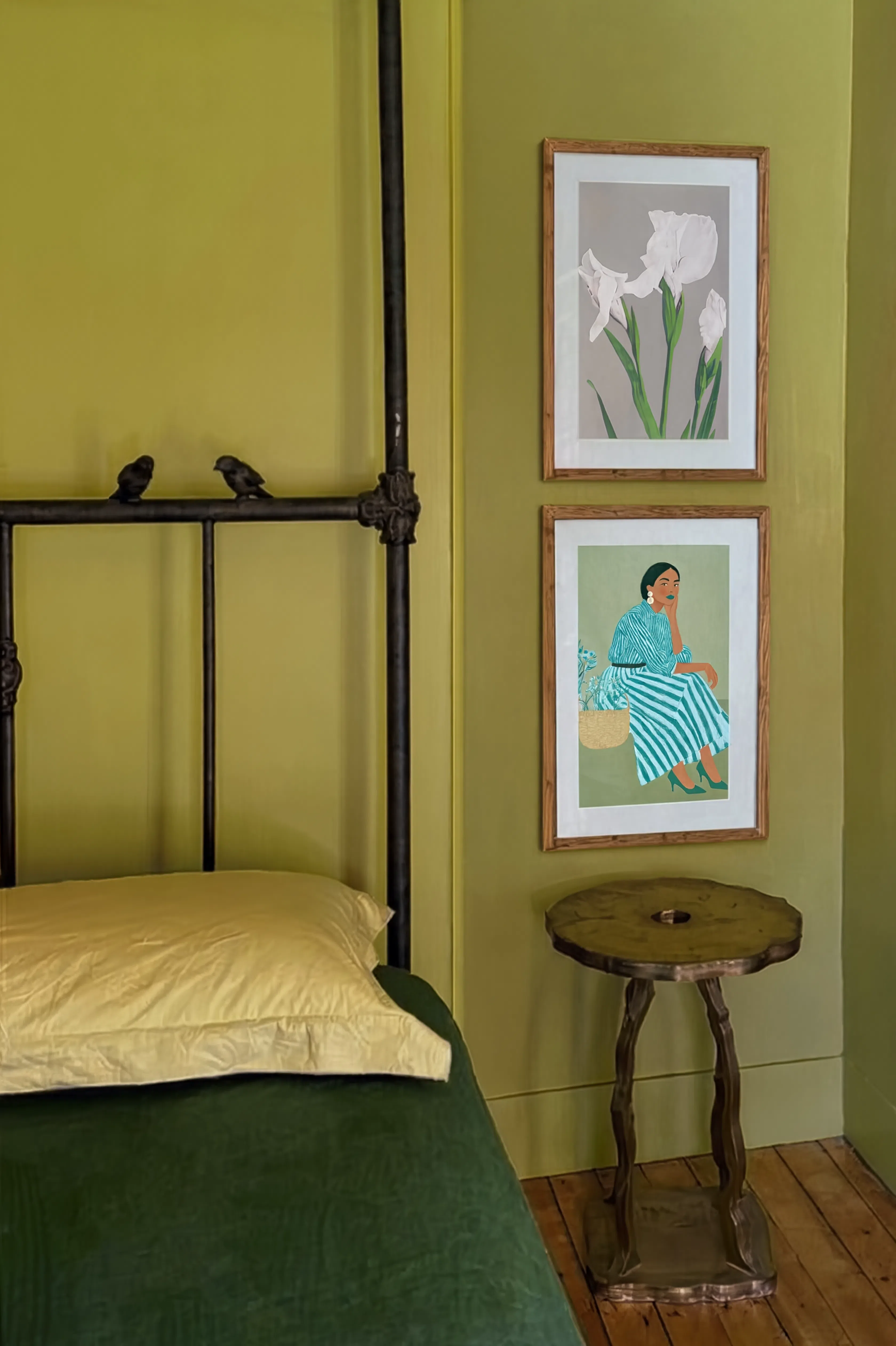 Set of 2 Wall Art Prints | Teal Striped Seated Woman & White Irises by Ogawa Kazumasa