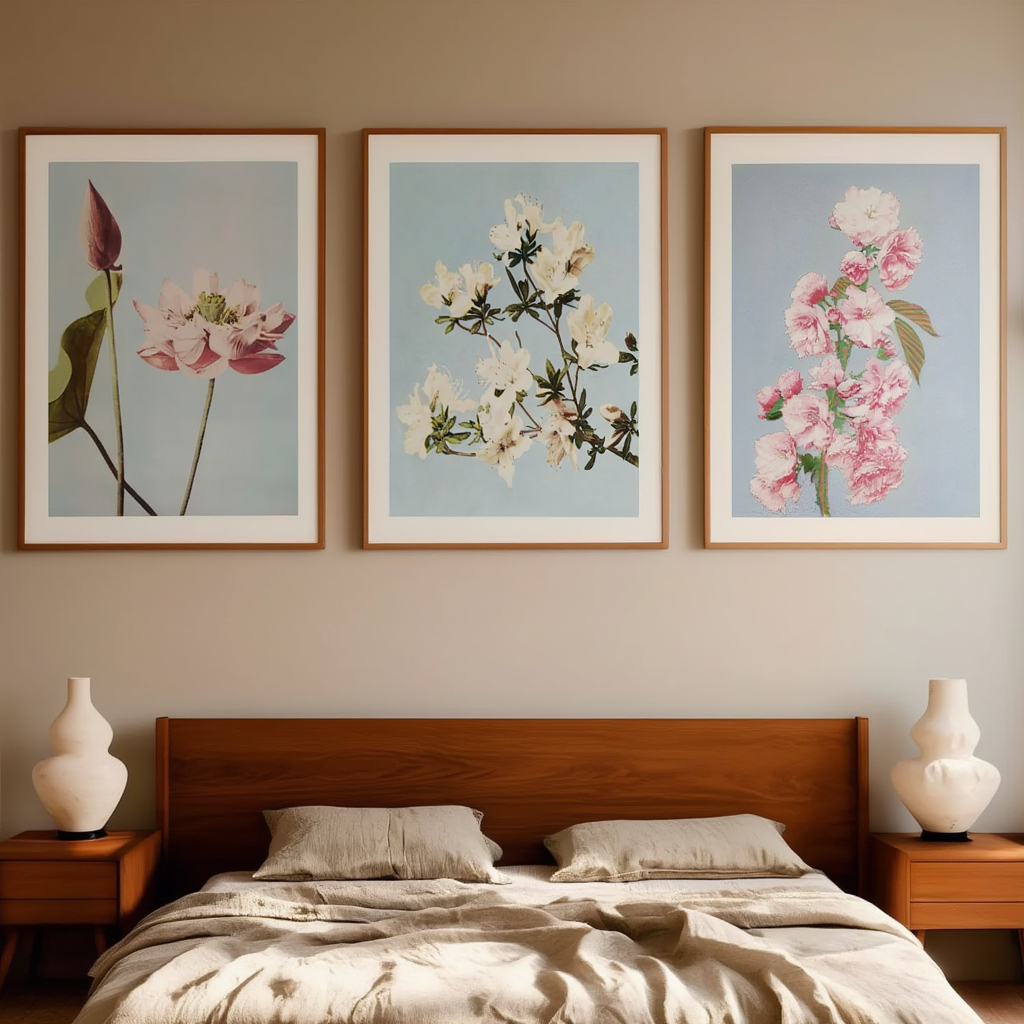 Set of 3 Floral Prints – Cherry Blossom, Azaleas & Lotus Flowers by Ogawa Kazumasa - Hakyarts