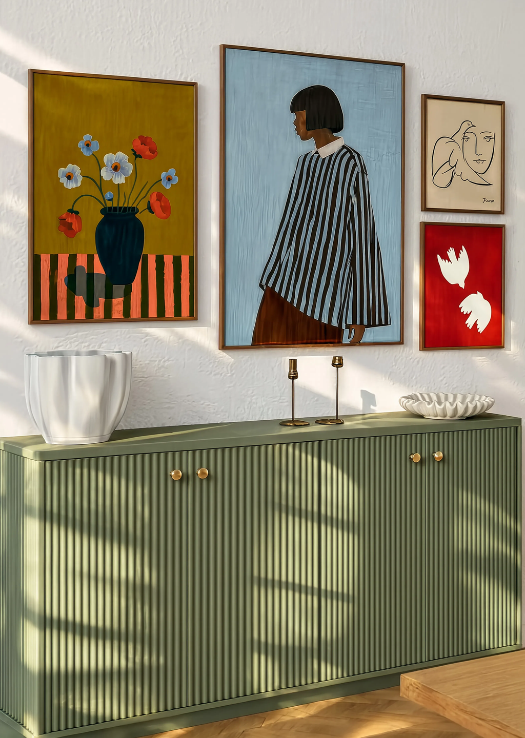 Set of 4 Earthy Floral Still Life + Figurative Striped Shirt + Woman with Dove + Two Doves in Red | Contemporary Still Life, Figurative & Bird Wall Art Prints
