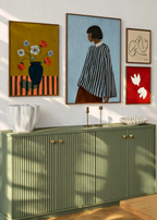 Set of 4 Earthy Floral Still Life + Figurative Striped Shirt + Woman with Dove + Two Doves in Red | Contemporary Still Life, Figurative & Bird Wall Art Prints