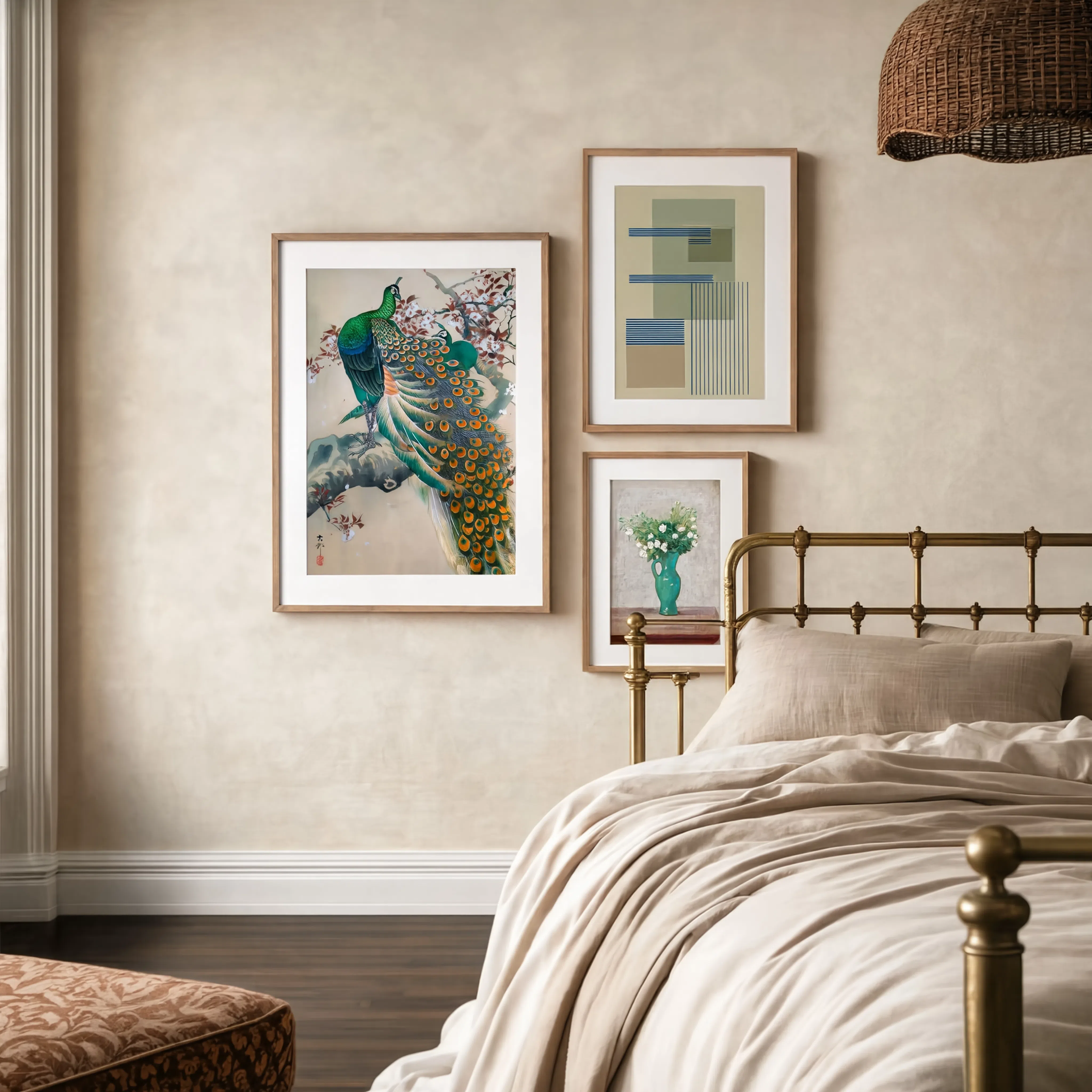 Set of 3 Wall Art Prints – Post-Impressionist Floral Bouquet, Green Abstract Geometry & Japanese Peacock Art Collection