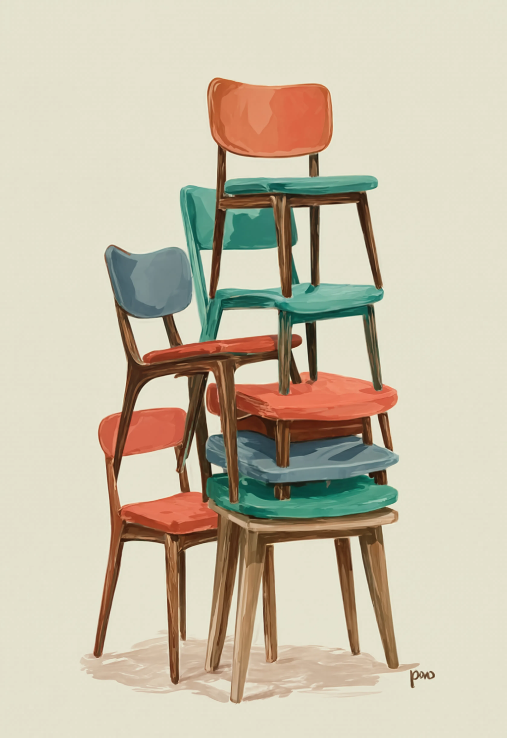 Stacked Vintage Chairs II | Modern Vintage Museum Style Art