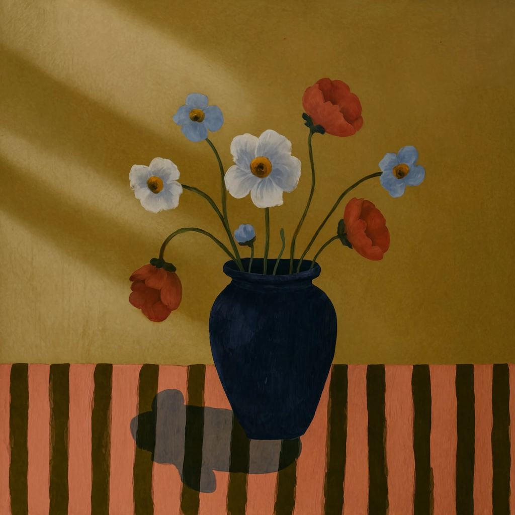 Set of 4 Earthy Floral Still Life + Figurative Striped Shirt + Woman with Dove + Two Doves in Red | Contemporary Still Life, Figurative & Bird Wall Art Prints