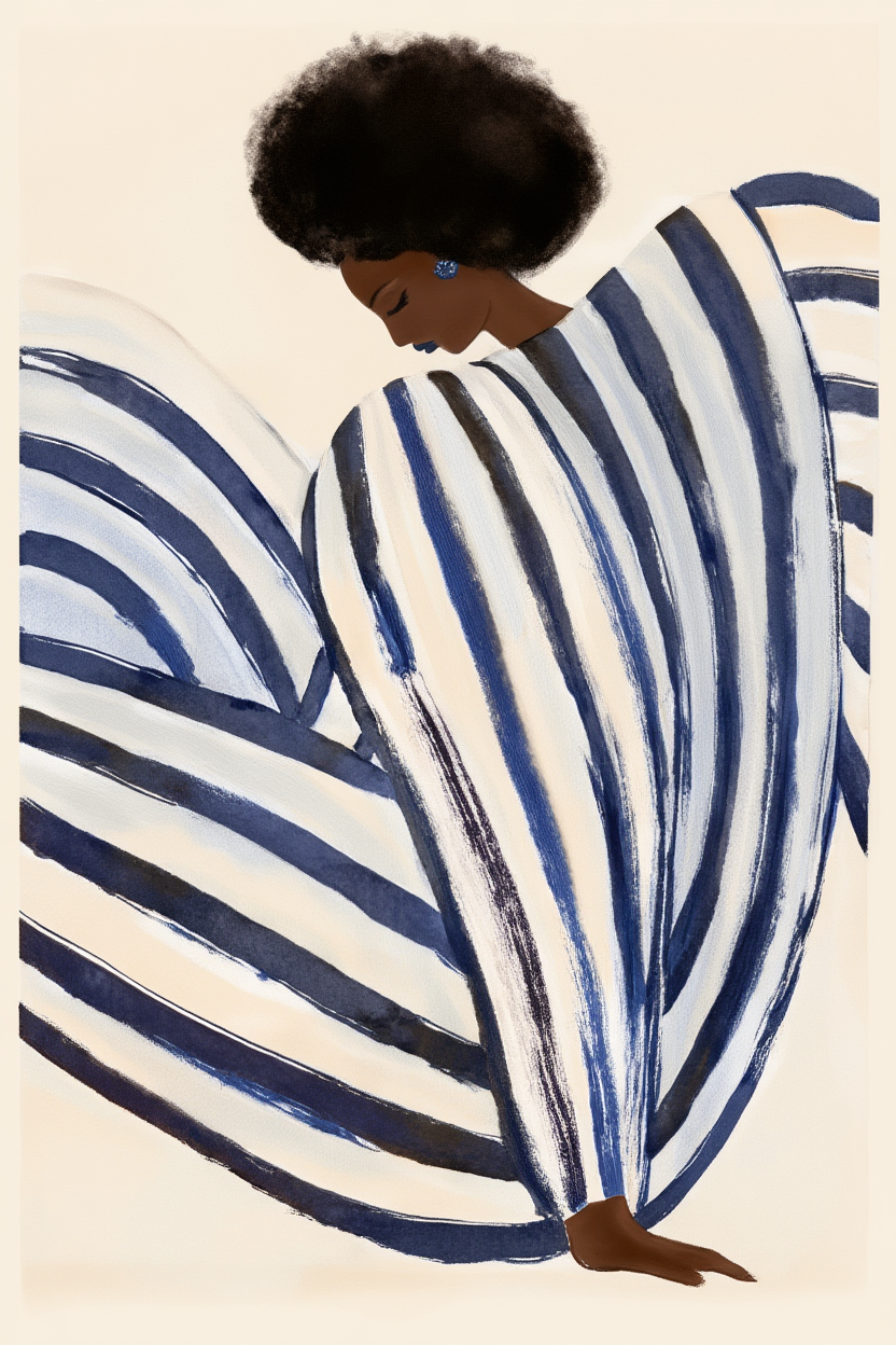 Blue Striped Dress – Illustrated Fashion Portrait Art Print