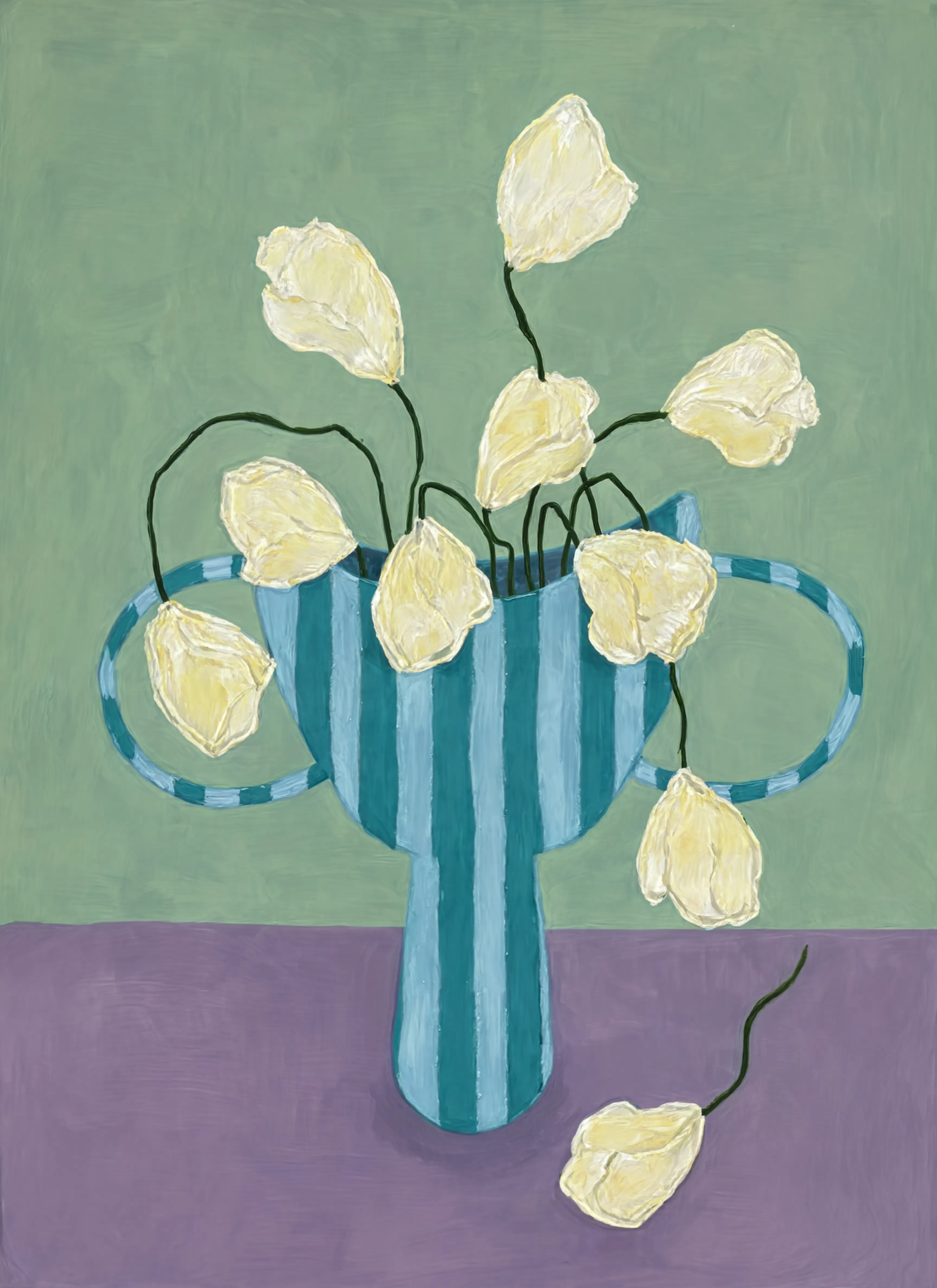 Striped Vase Floral | Dusty Blue | Contemporary Botanical Wall Art