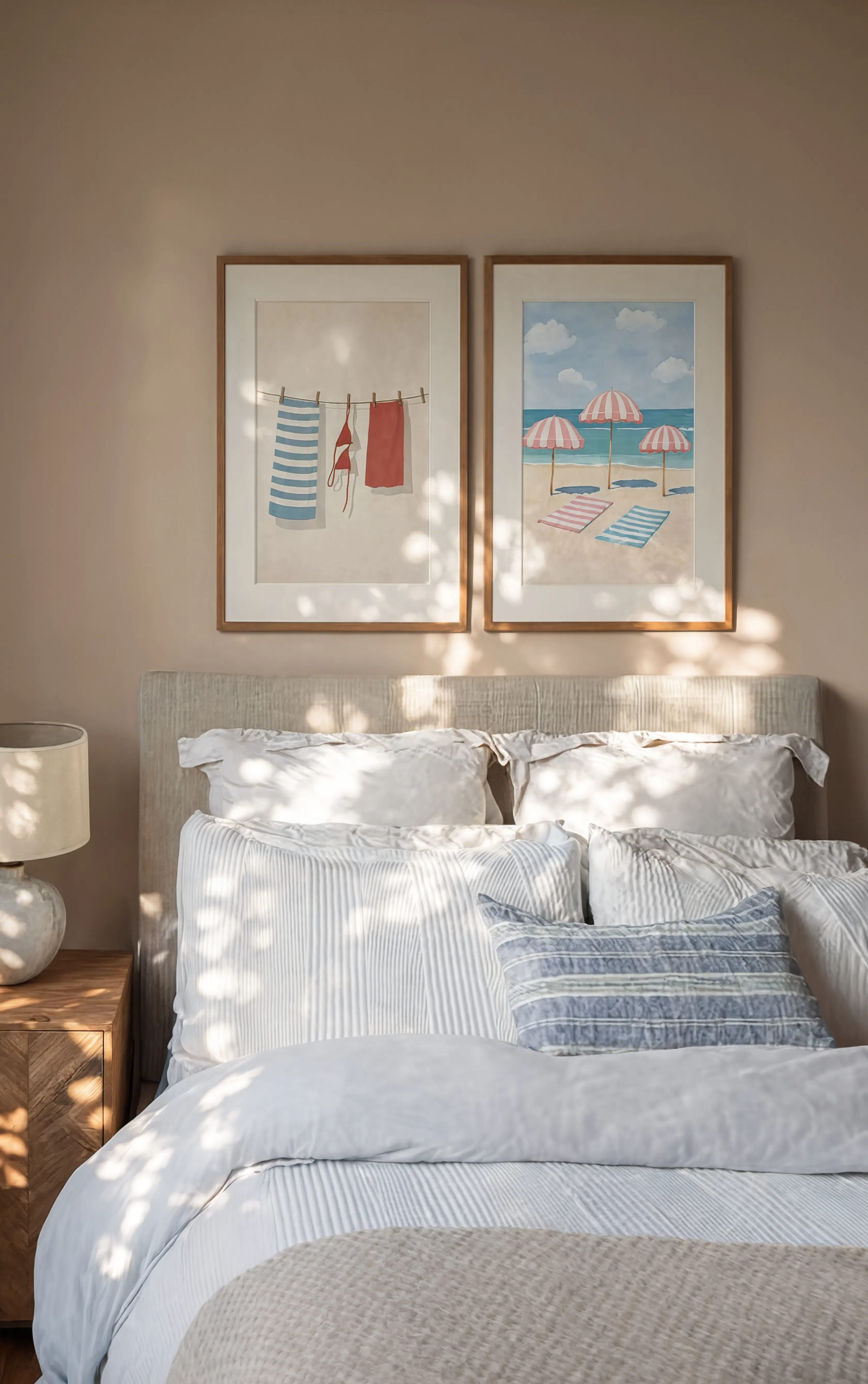 Set of 2 Hanging Laundry – Blue Stripes & Pastel Beach Painting | Coastal Mediterranean Wall Art