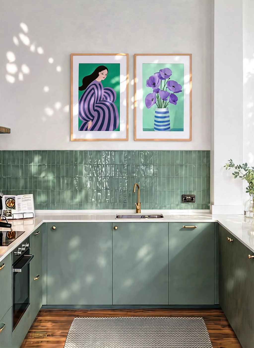Set of 2 Violet Poppies – Mint & Figurative Woman in Striped Dress Prints | Contemporary Botanical & Abstract Portrait Wall Art Set