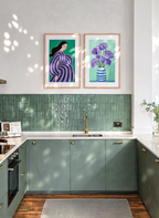 Set of 2 Violet Poppies – Mint & Figurative Woman in Striped Dress Prints | Contemporary Botanical & Abstract Portrait Wall Art Set