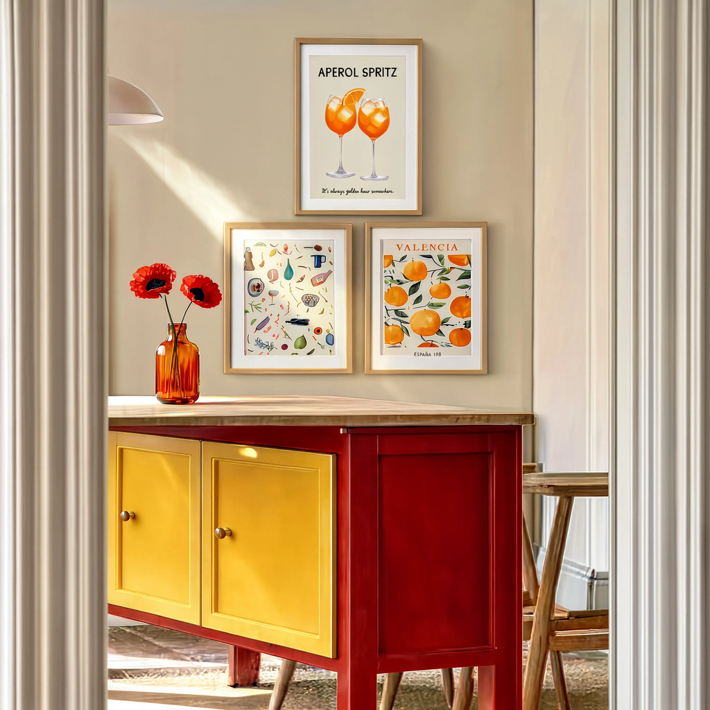 Set of 3 Mediterranean & Aperol Spritz Wall Art Prints – Valencia, Cocktail & Colourful Abstract Gallery Set
