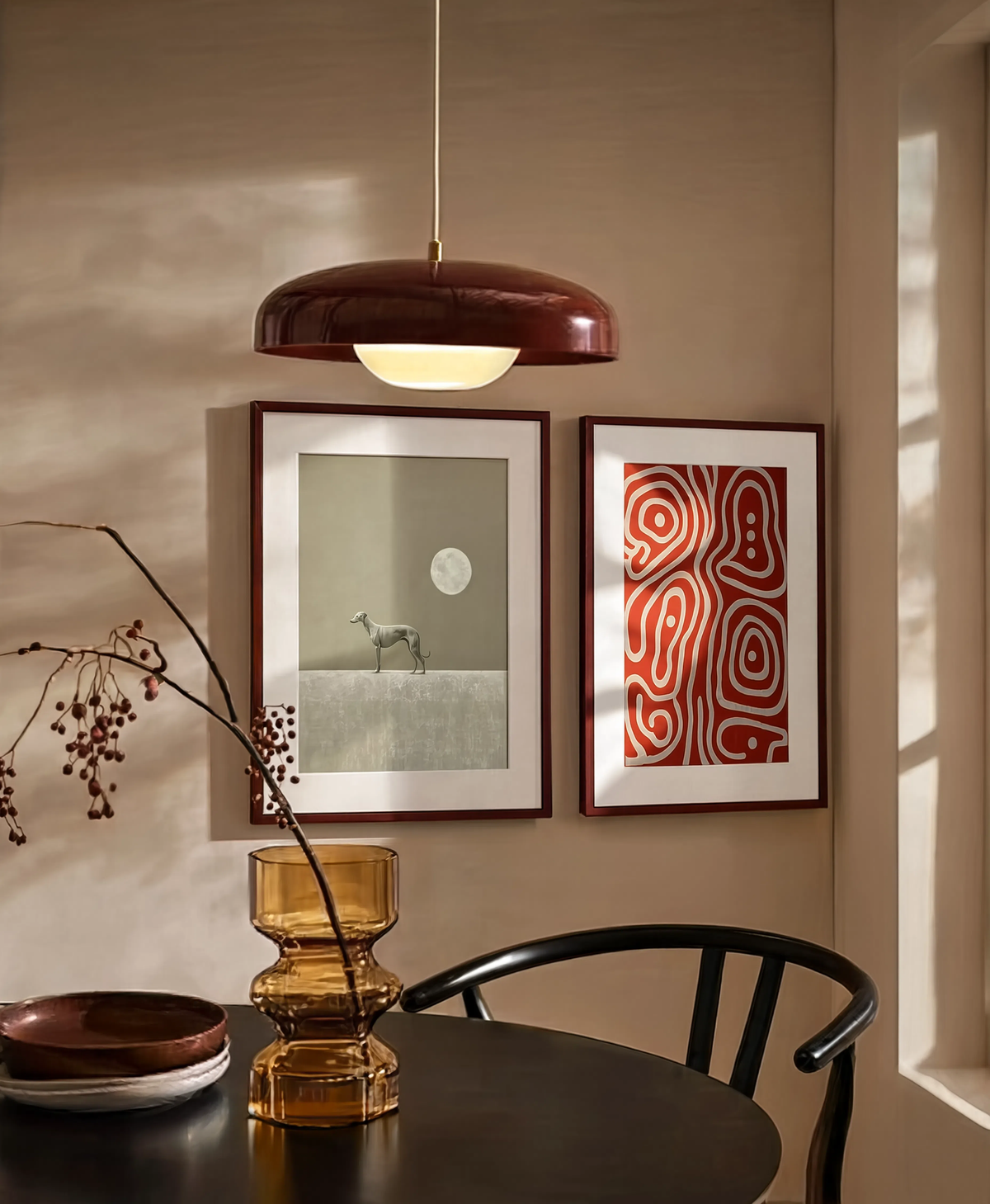 Set of 2 Red Labyrinth & Moonlight Minimalist | Contemporary Abstract & Minimalist Art Prints