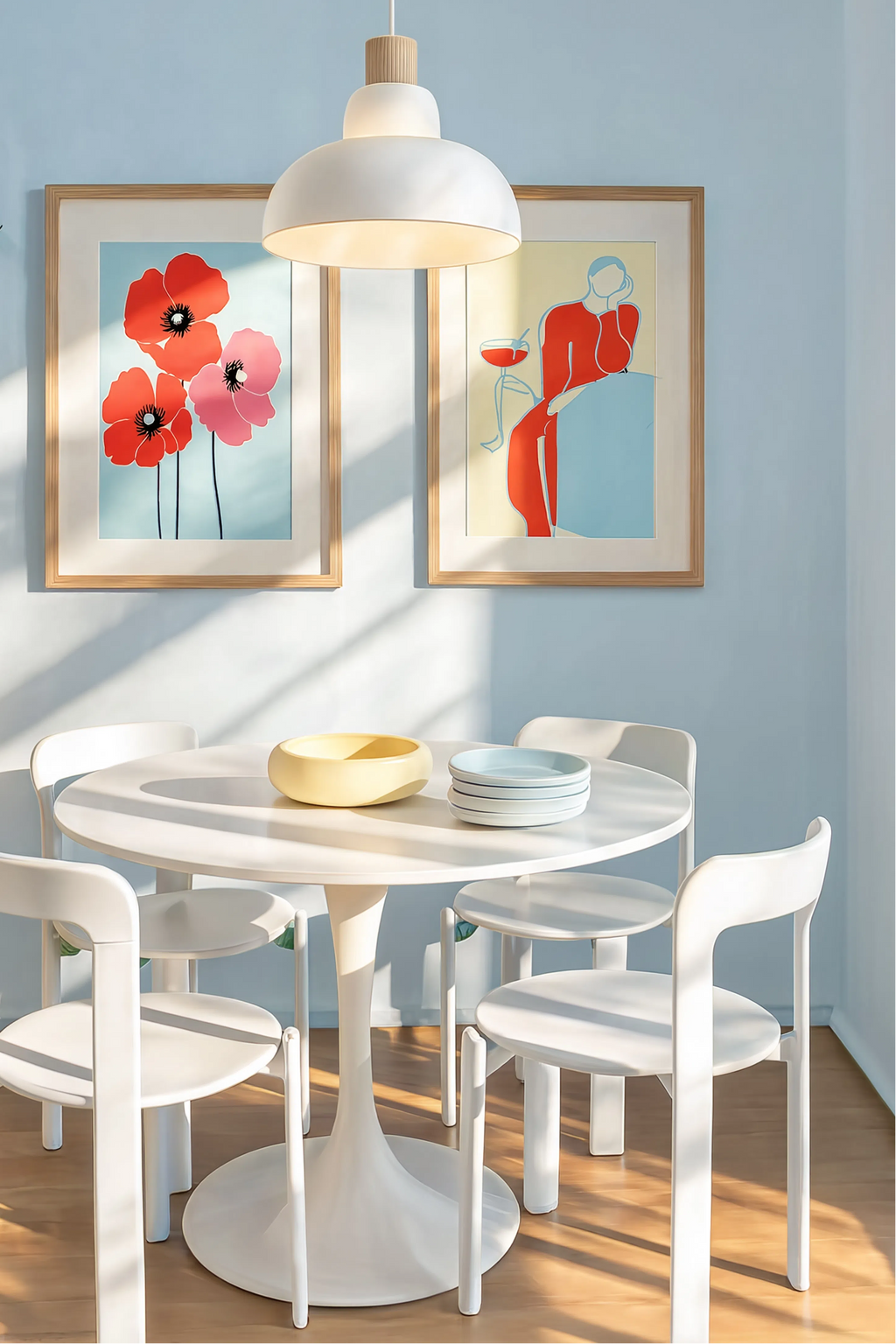Set of 2 Colourful Poppy Flowers & Red & Pale Blue Figurative Woman | Contemporary Botanical & Figurative Wall Art Prints