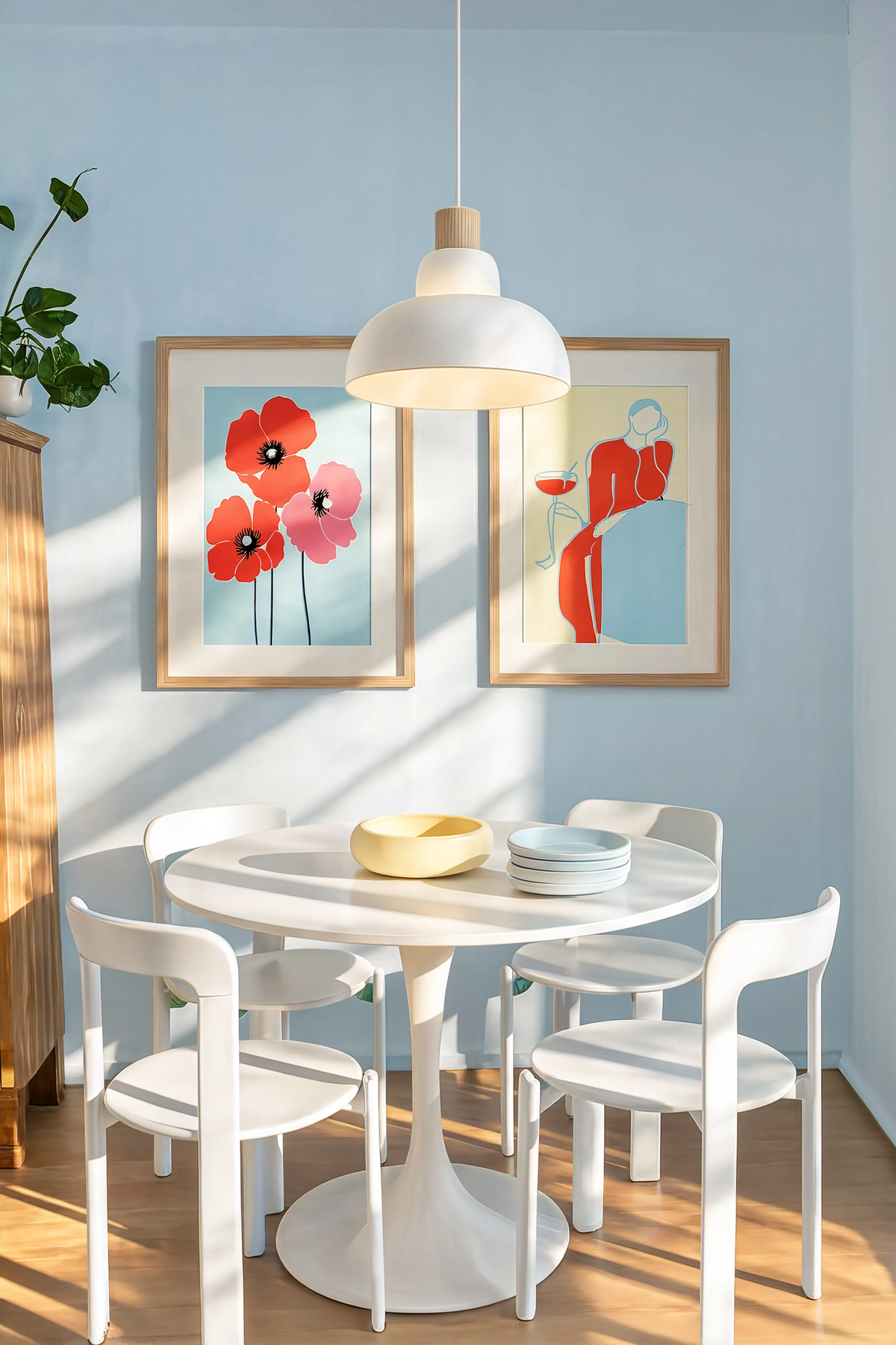 Set of 2 Colourful Poppy Flowers & Red & Pale Blue Figurative Woman | Contemporary Botanical & Figurative Wall Art Prints