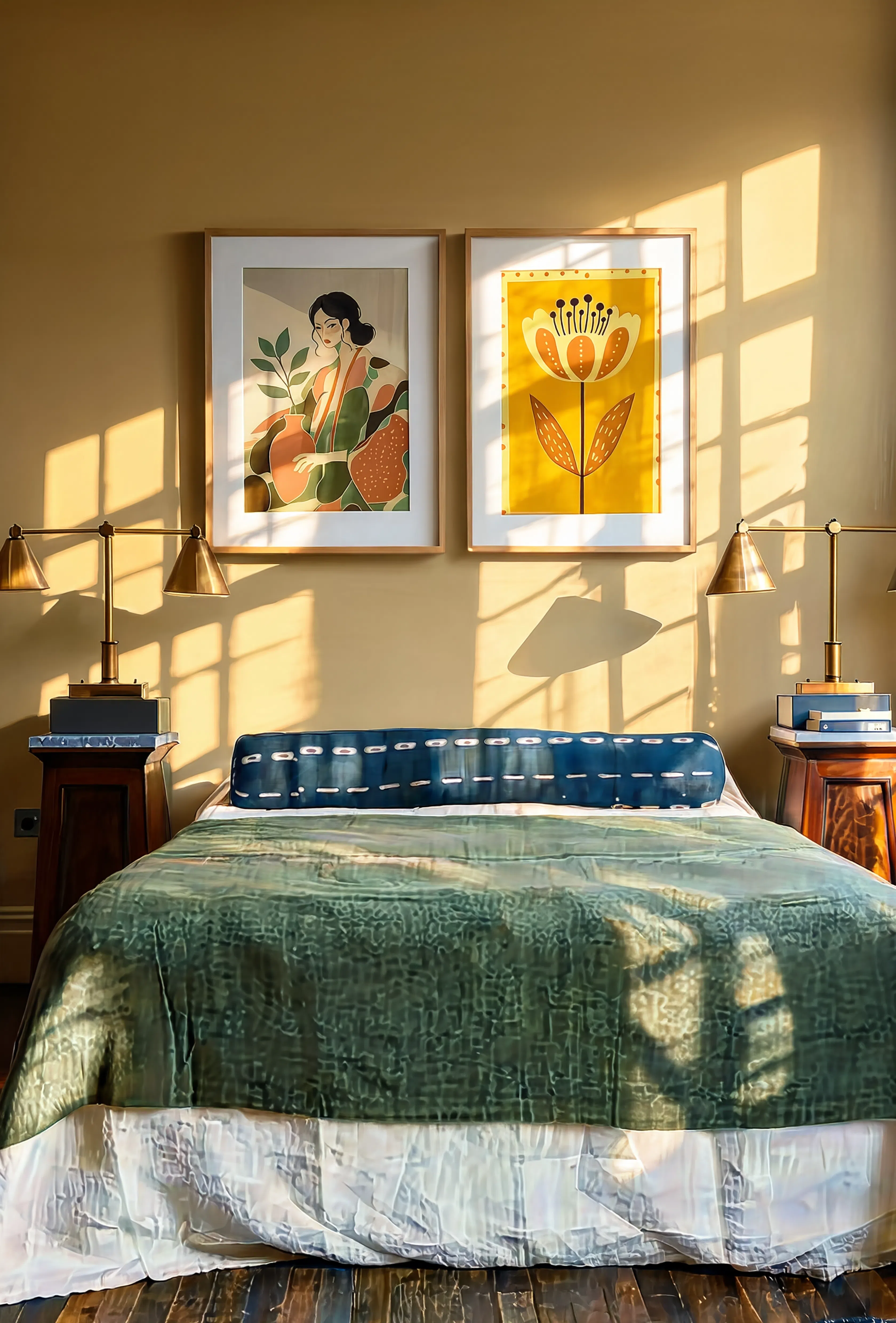 Set of 2 Golden Amber Flower & Figurative with Plants | Contemporary Botanical & Figurative Wall Art Prints