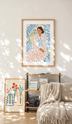 Set of 2 Seated Woman in Patterned Dress & Line Drawn Floral Vases Prints | Contemporary Figurative & Botanical Wall Art Set