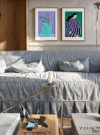 Set of 2 Teal Floral Vase & Figurative Woman in Striped Dress | Contemporary Botanical & Portrait Wall Art