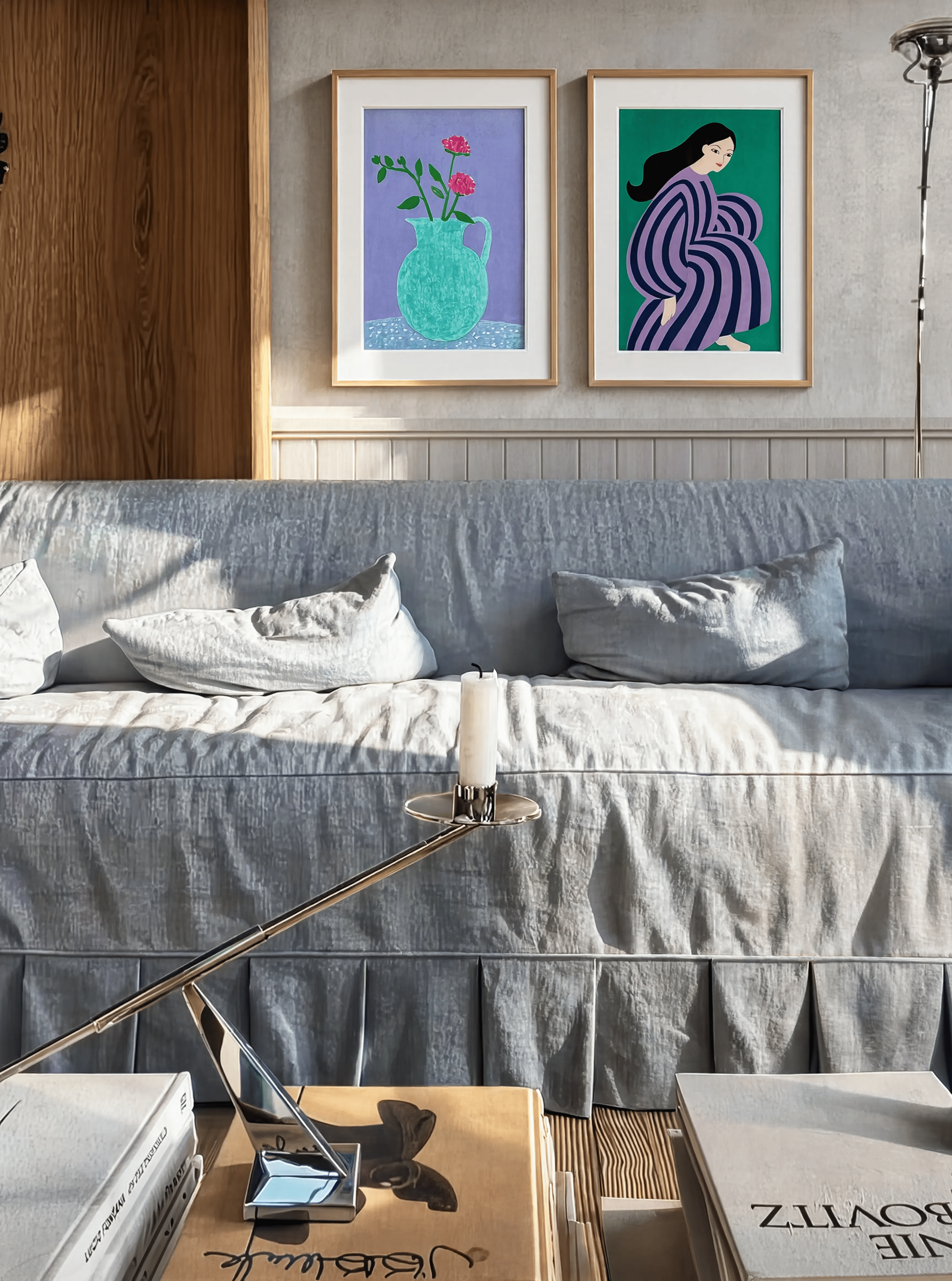 Set of 2 Teal Floral Vase & Figurative Woman in Striped Dress | Contemporary Botanical & Portrait Wall Art
