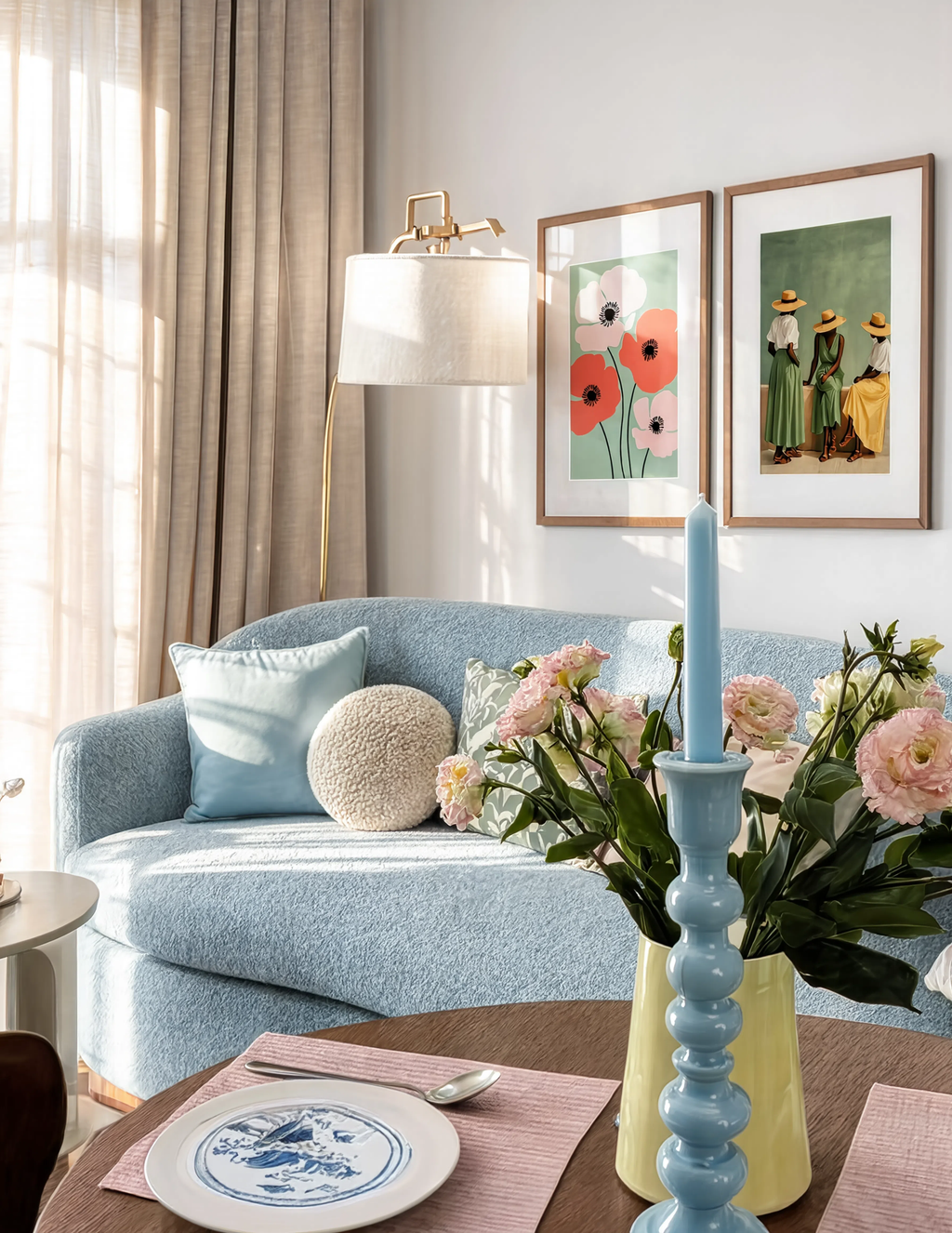 Set of 2 Three Elegant Black Women Portrait & Blush Poppy Prints | Contemporary Wall Art Set