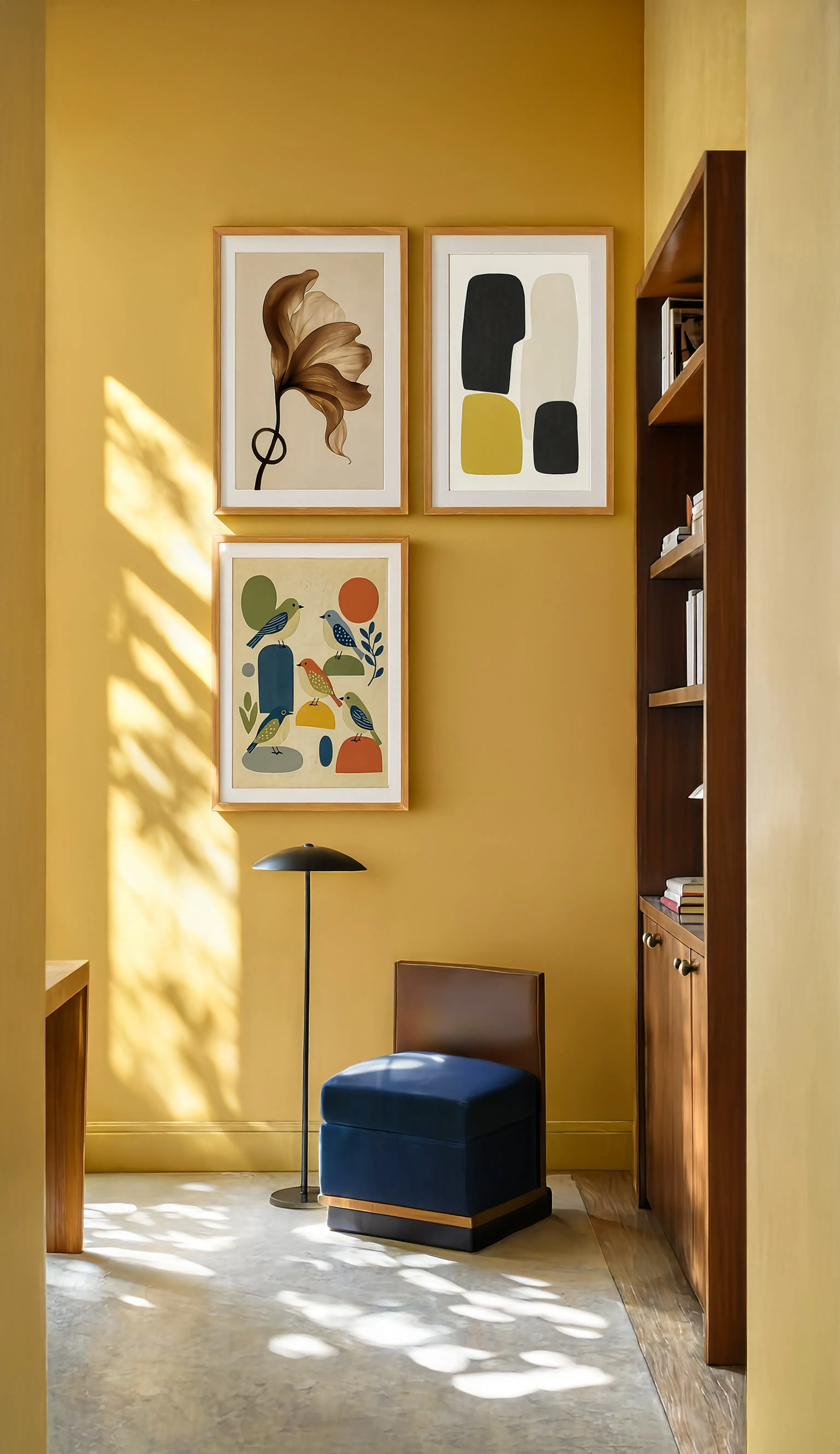 Set of 3 Black & Yellow Dot Composition, Amber Floral Ray & Mid-Century Birds | Contemporary, Floral & Scandinavian Art Prints