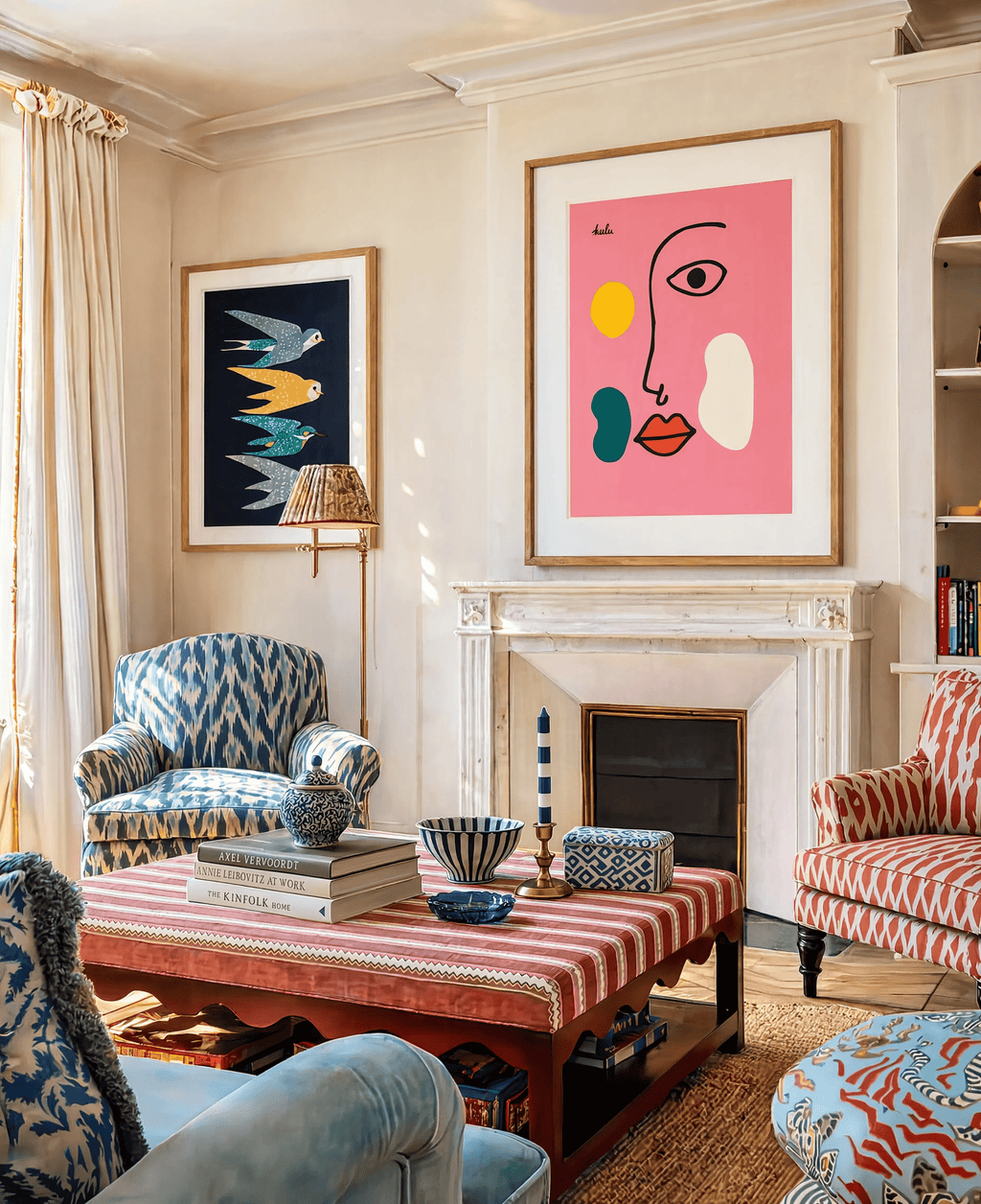 Set of 2 Folk-Art Birds Variation & Blush Pink Portrait Prints | Scandinavian Folk & Contemporary Figurative Wall Art Set