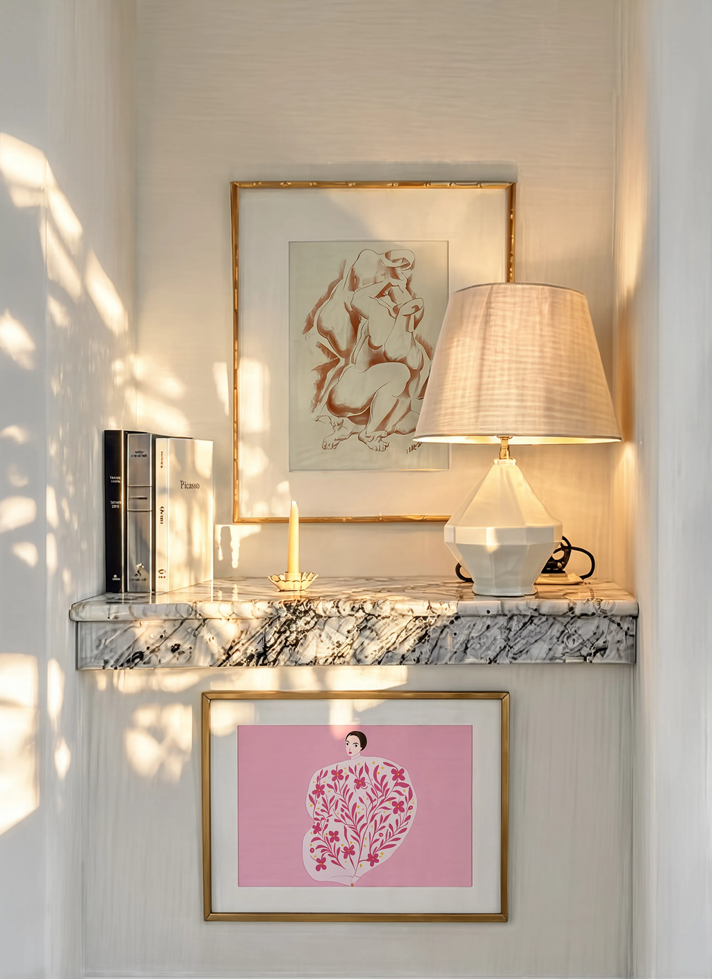 Set of 2 Pink Floral Figure & Nude 4 After Auguste Rodin | Contemporary Botanical & Classic Sculpture Wall Art