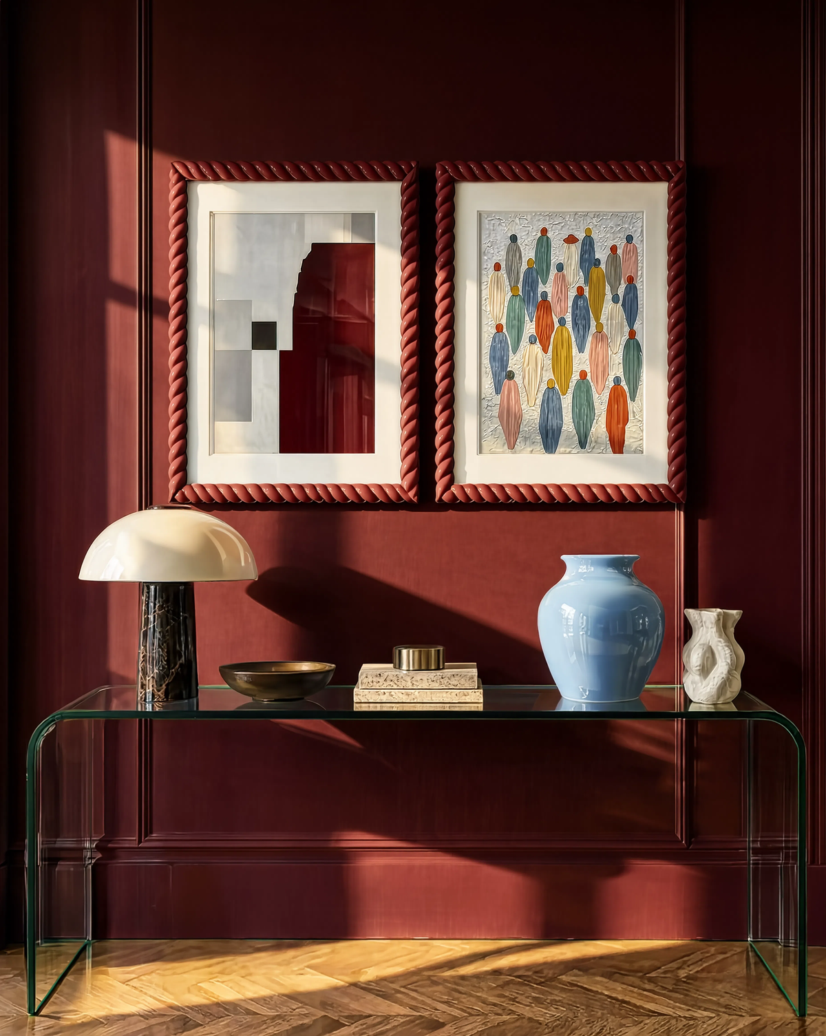 Set of 2 Crowd Study & Burgundy Shapes Variation | Contemporary Figurative & Abstract Wall Art Prints