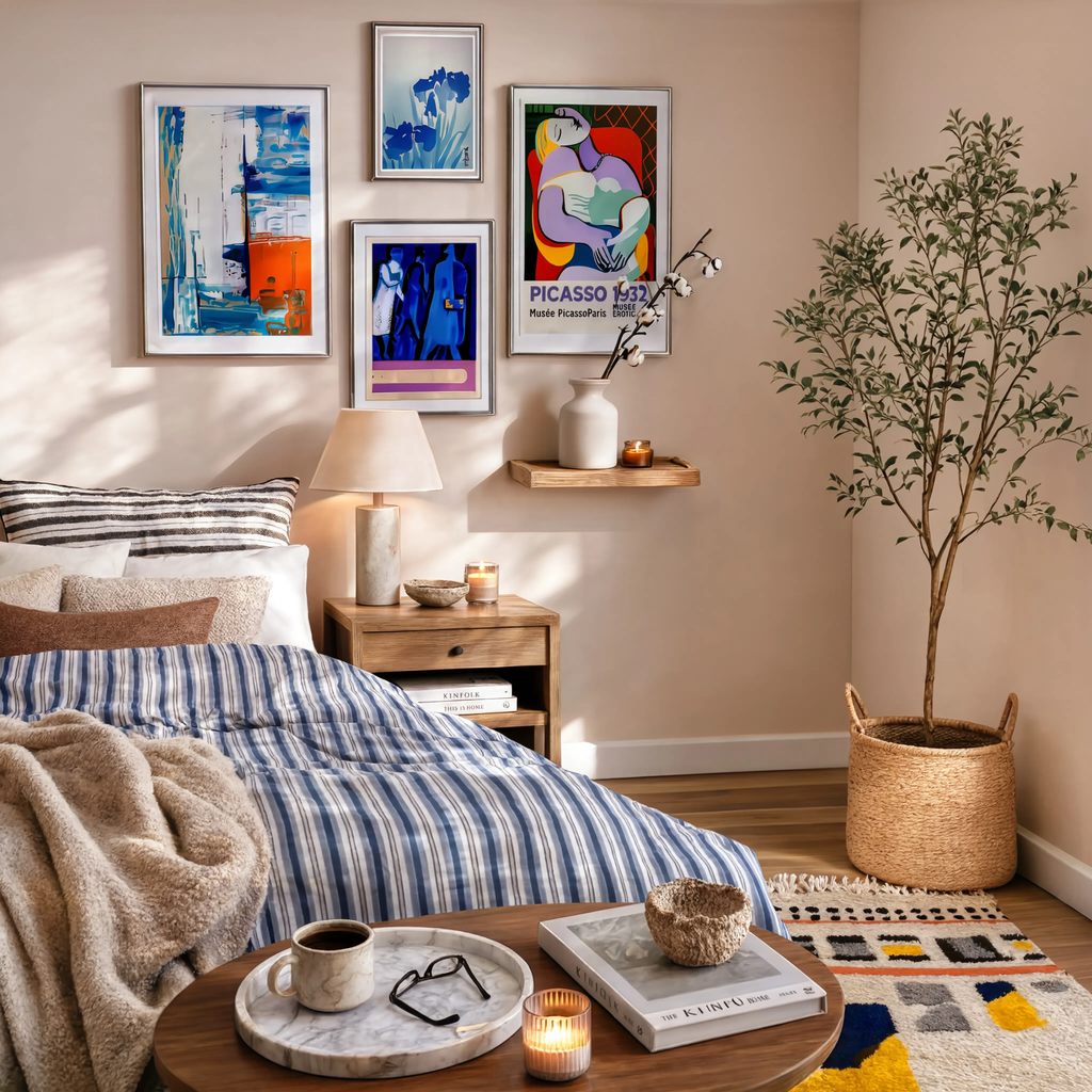 Set of 4 Wall Art Prints – Blue Botanical, Abstract & Modern Art Collection