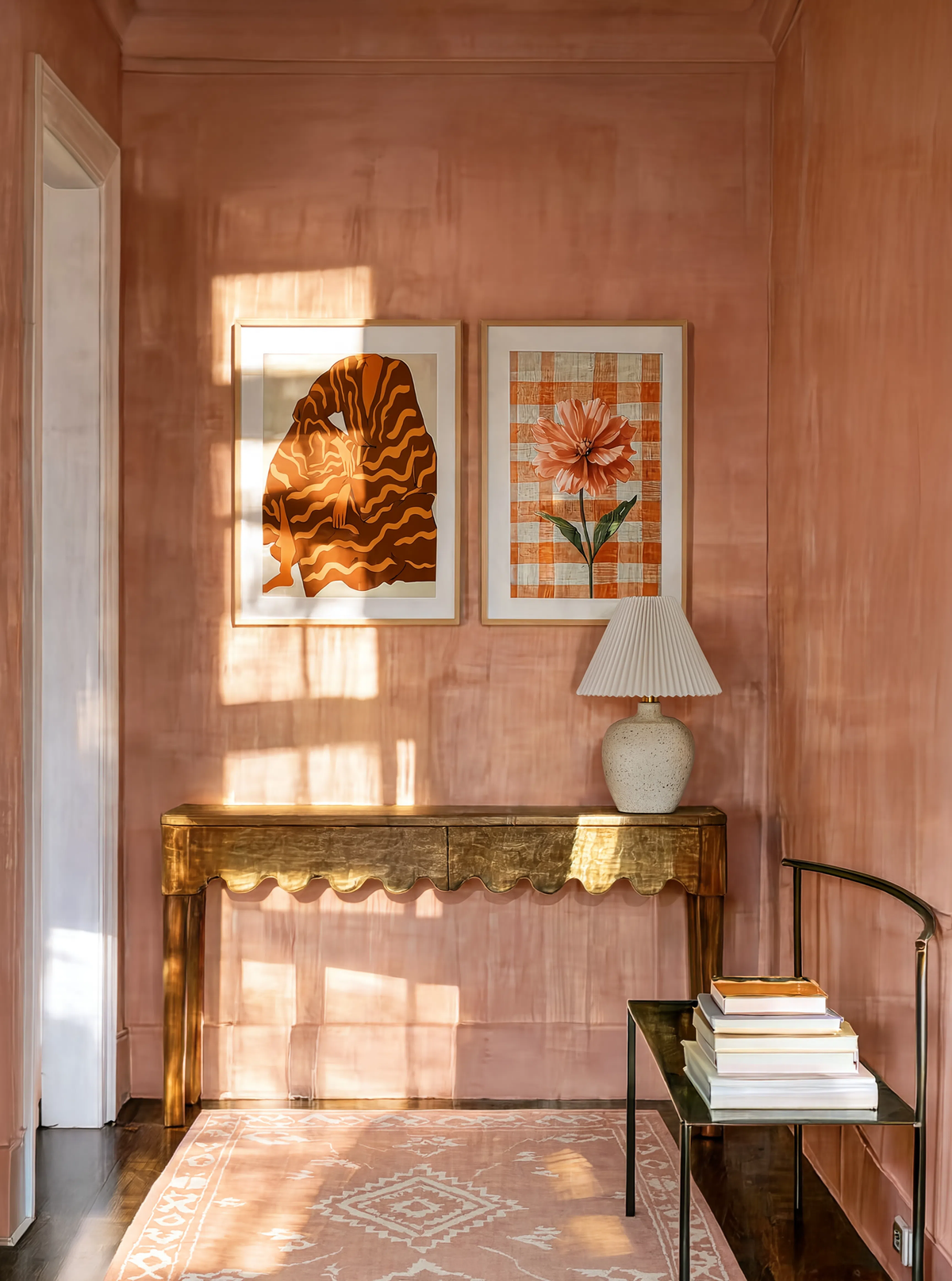Set of 2 Autumnal Robe Figure & Coral Bloom on Gingham Linen | Contemporary Figurative & Floral Wall Art Prints