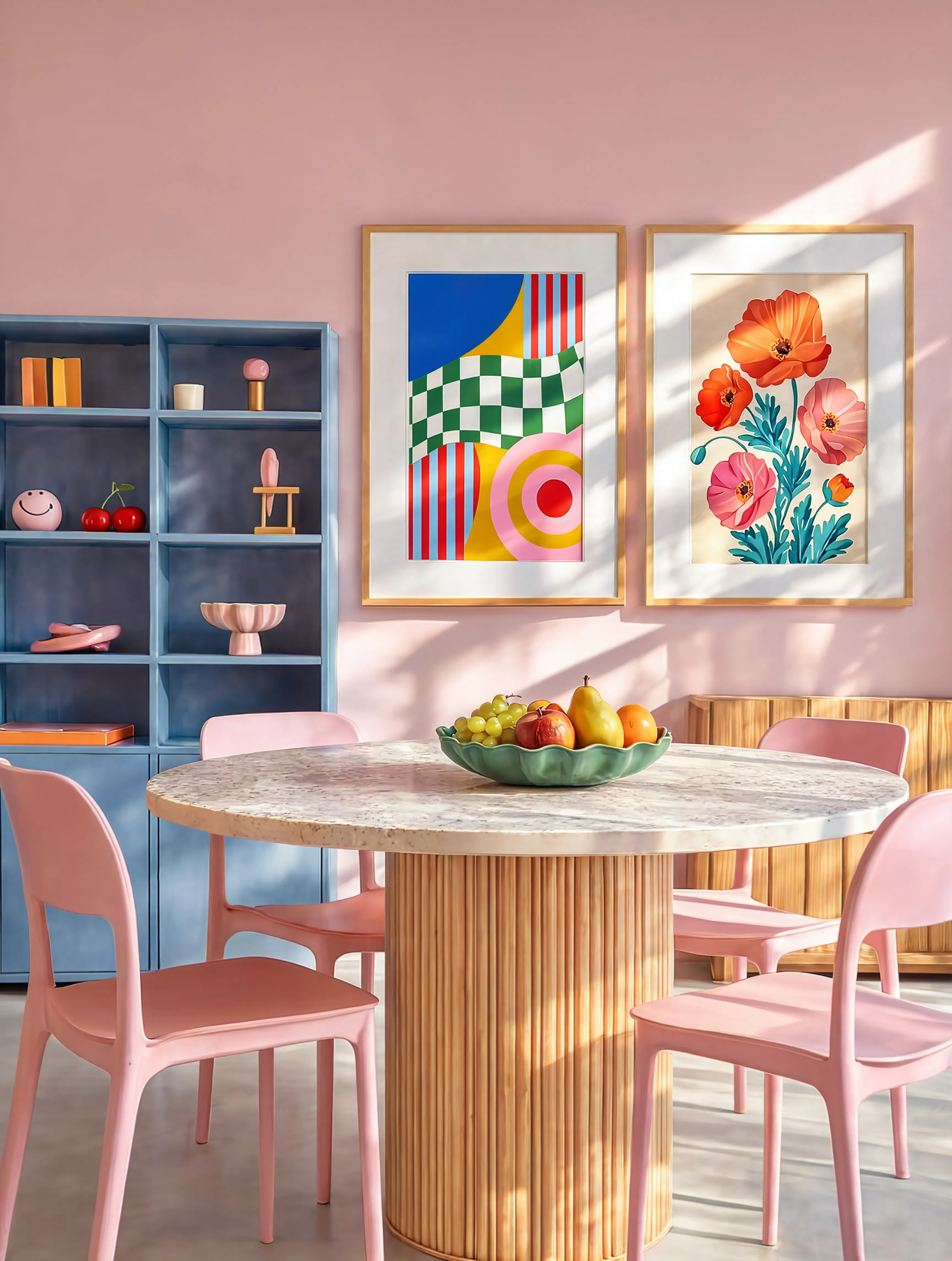 Set of 2 Geometric Pop II & Poppy Variation – Warm Hues | Contemporary Geometric & Floral Wall Art Prints