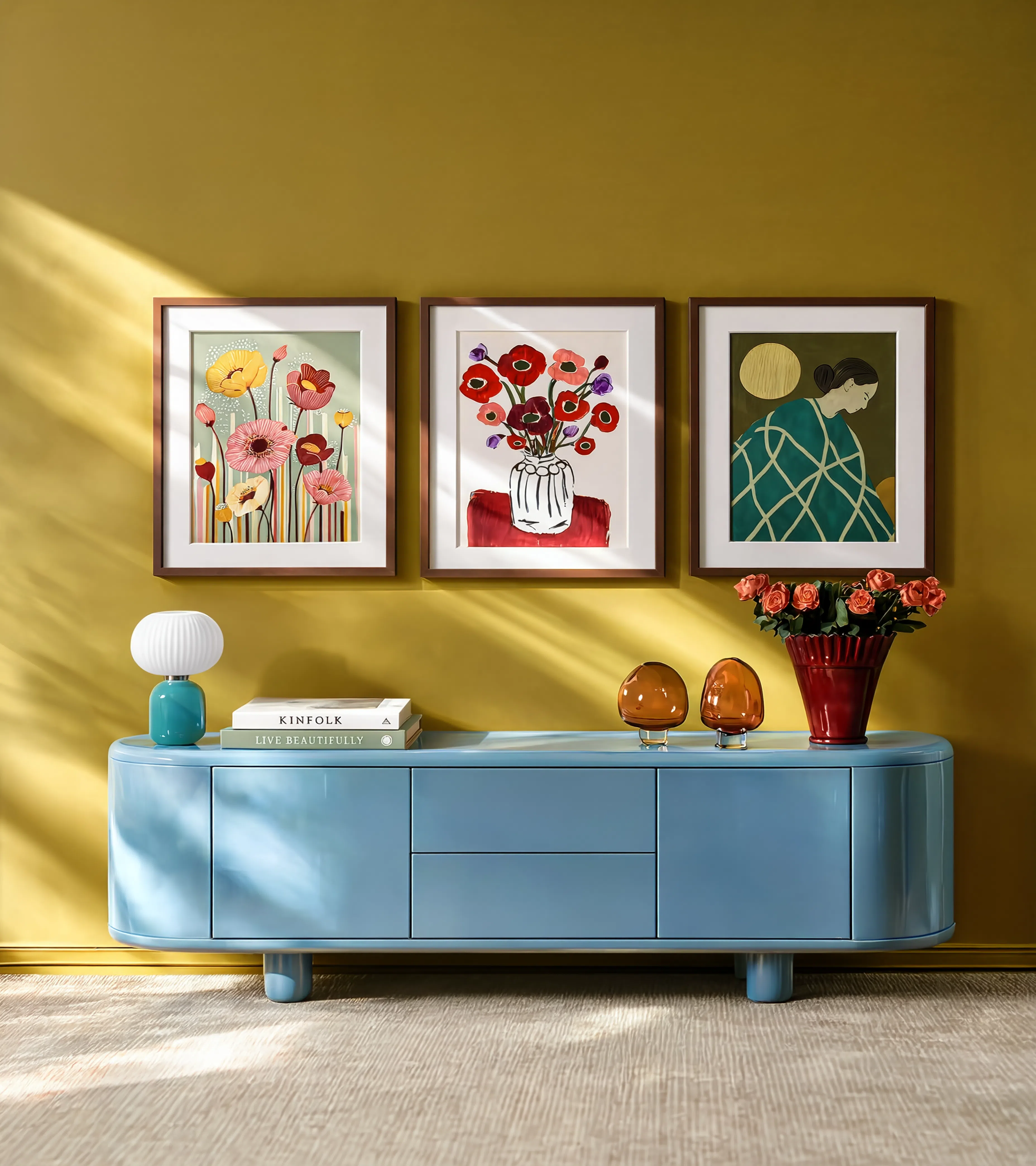 Set of 3 Seasonal Figurative & Crimson Florals | Contemporary Figurative & Botanical Art Prints