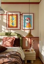 Set of 2 Chic Dog & Burgundy Folk Birds | Contemporary Animal & Folk Wall Art Prints