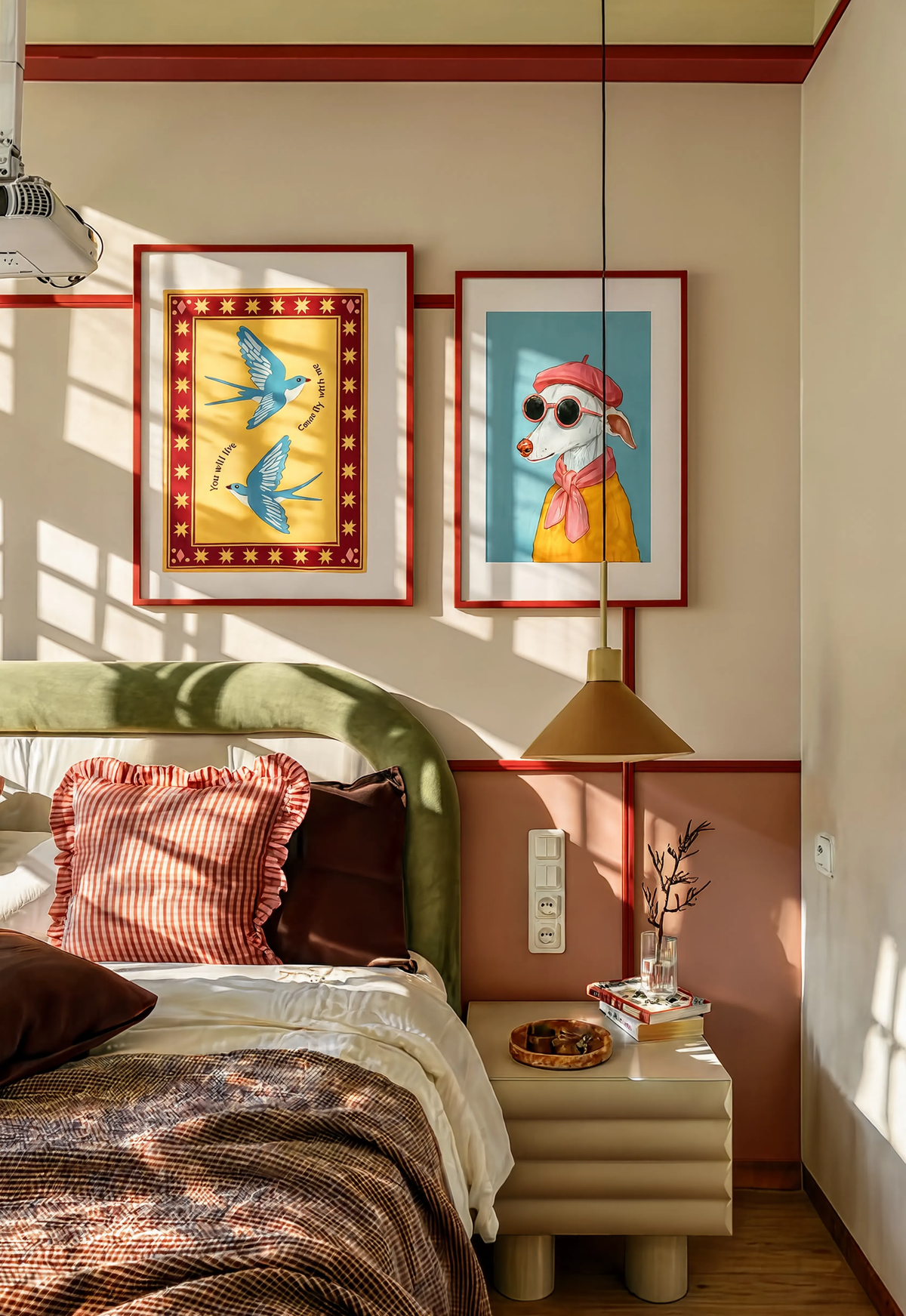 Set of 2 Chic Dog & Burgundy Folk Birds | Contemporary Animal & Folk Wall Art Prints