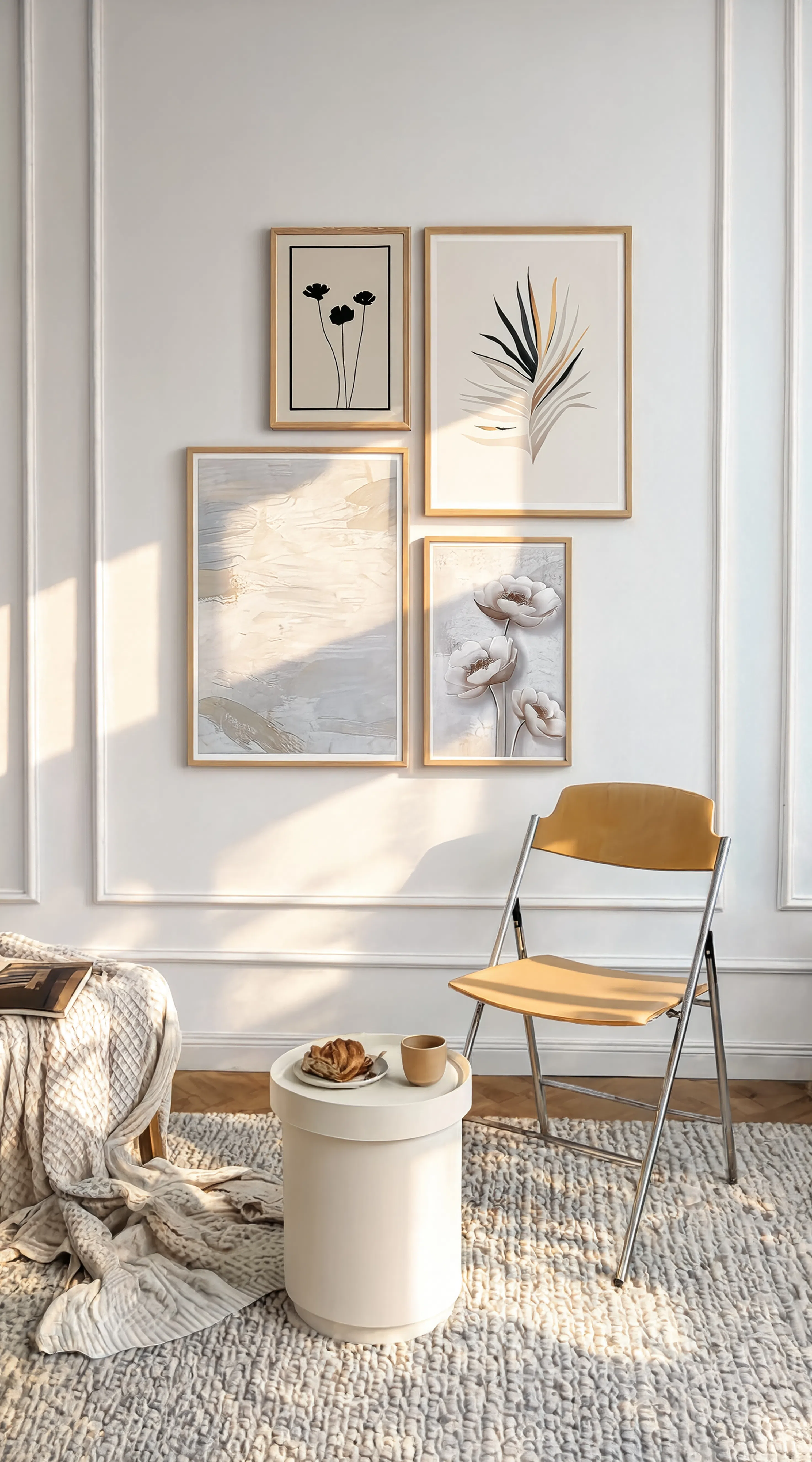 Set of 4 Watercolour Feather + Beige Brush Stroke + White Orchid + Monochrome Botanica | Minimalist Botanical & Abstract Wall Art Prints