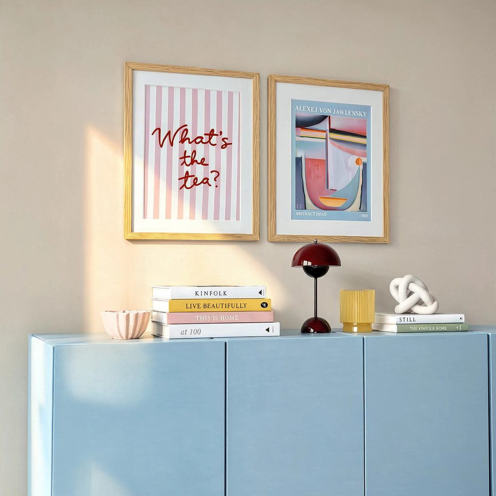 Set of 2 Expressionist & Contemporary Wall Art Prints – What’s The Tea & Pink Abstract Portrait Gallery Set