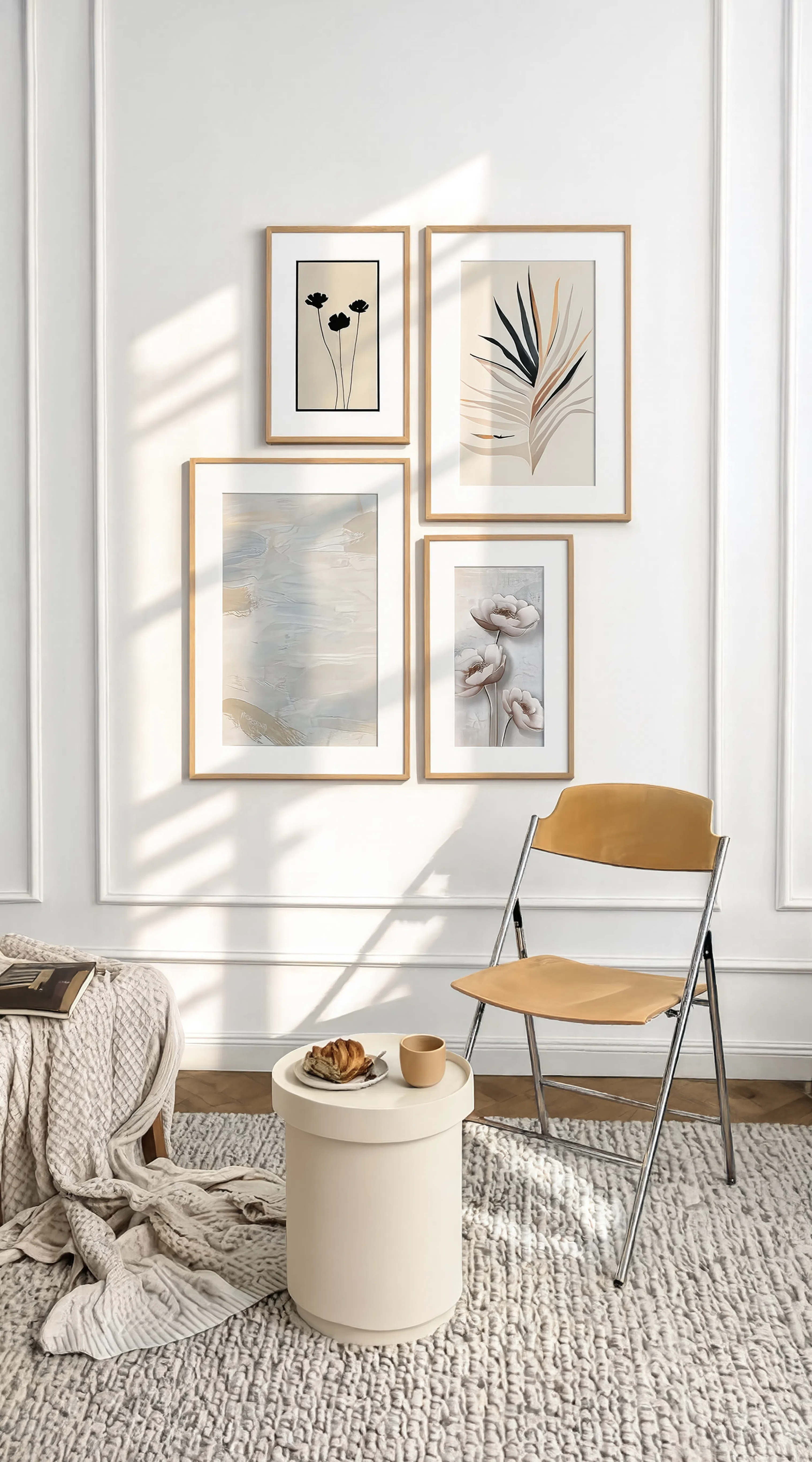 Set of 4 Watercolour Feather + Beige Brush Stroke + White Orchid + Monochrome Botanica | Minimalist Botanical & Abstract Wall Art Prints
