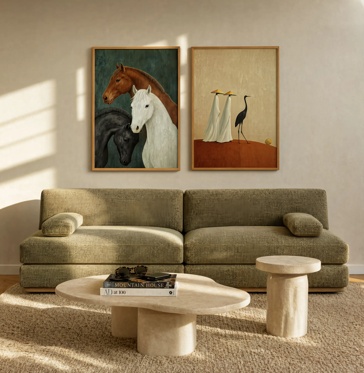 Set of 2 Three Horses Study & Two Figures and a Bird | Contemporary Figurative Wall Art Prints