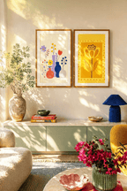 Set of 2 Golden Amber Flower Print & Vase Still-Life Prints | Contemporary Botanical Wall Art Set 50×70 cm