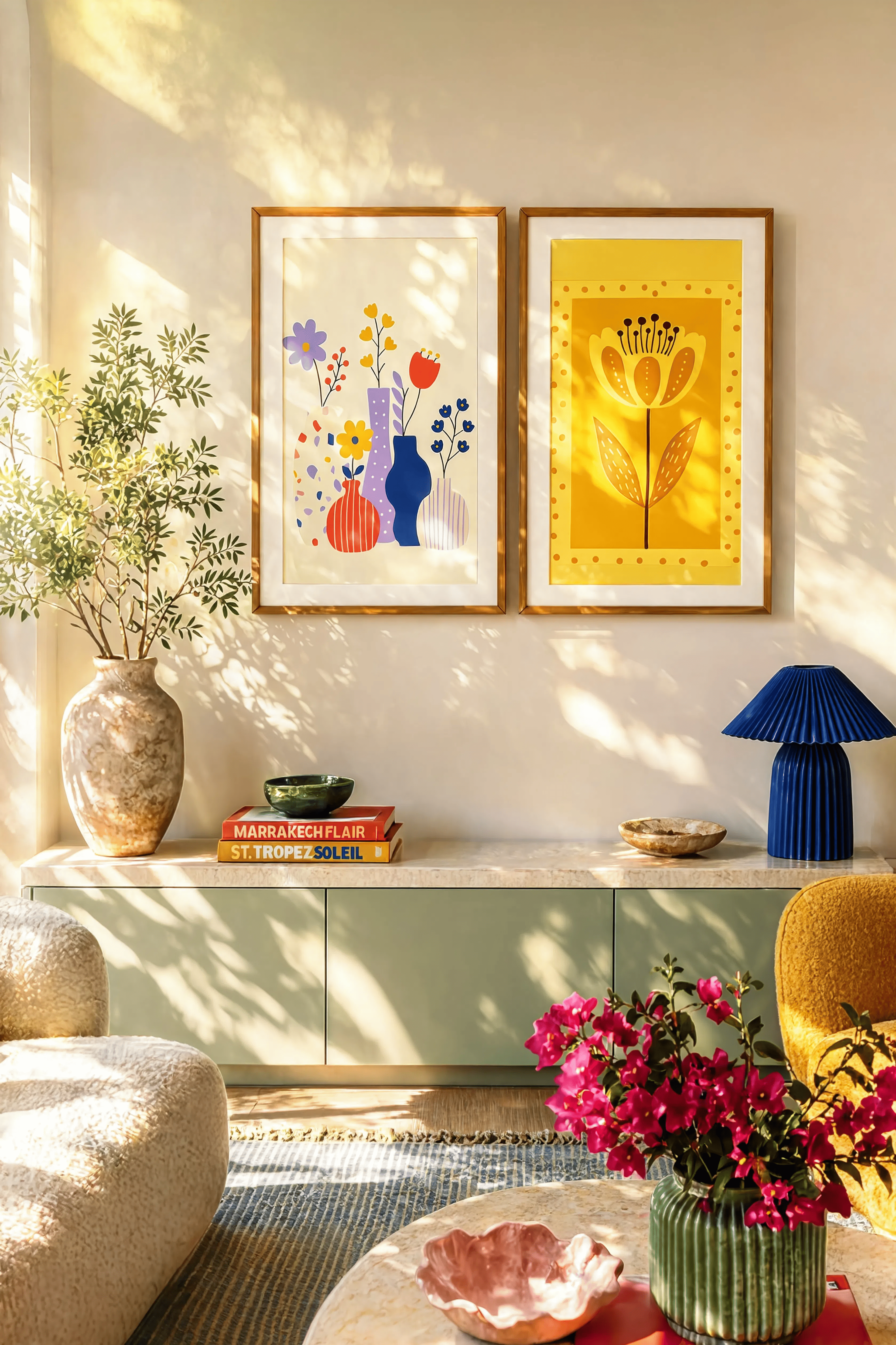 Set of 2 Golden Amber Flower Print & Vase Still-Life Prints | Contemporary Botanical Wall Art Set 50×70 cm