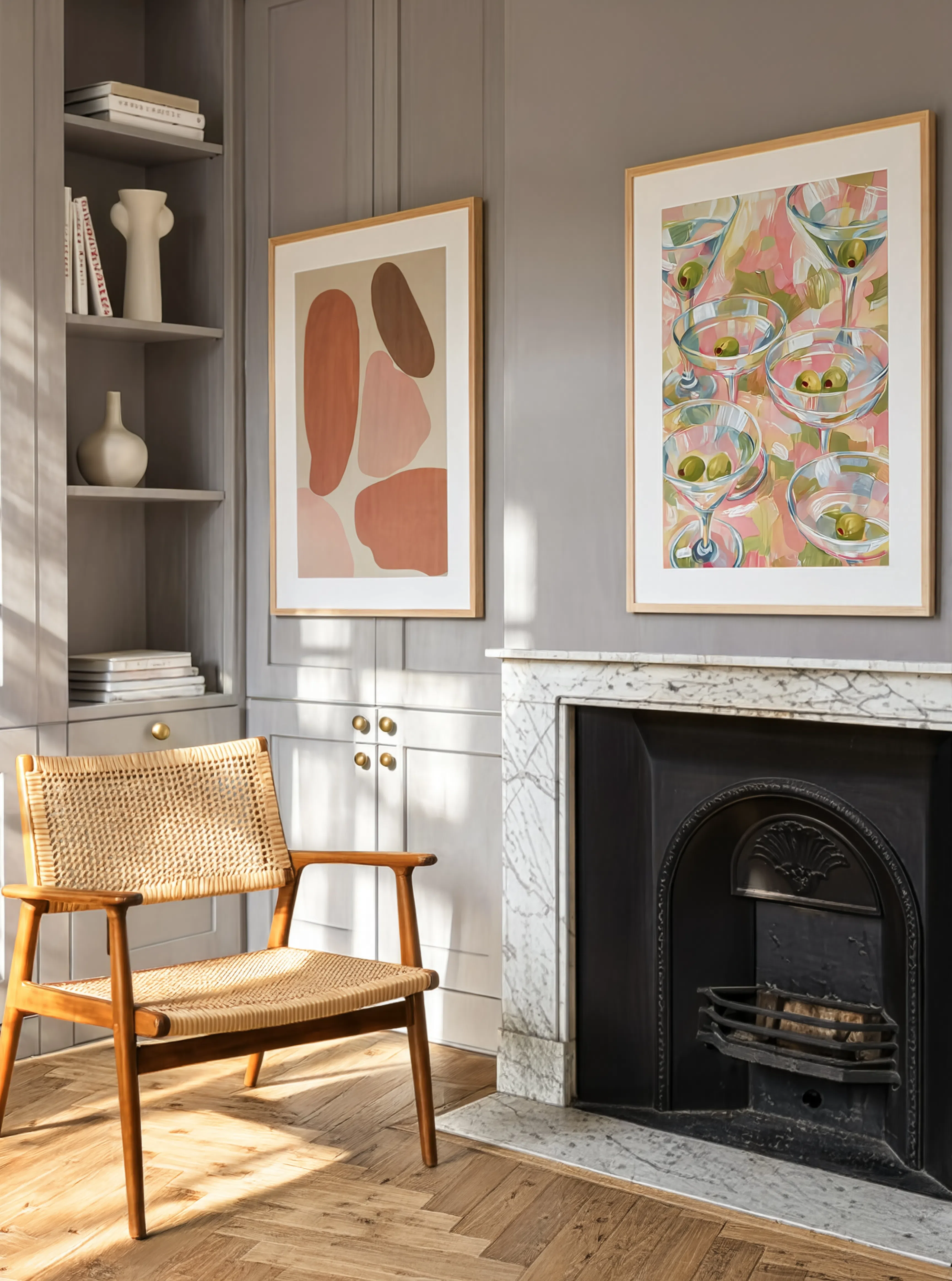 Set of 2 Cocktail & Abstract Wall Art Prints | Pastel Martini & Earthy Abstract