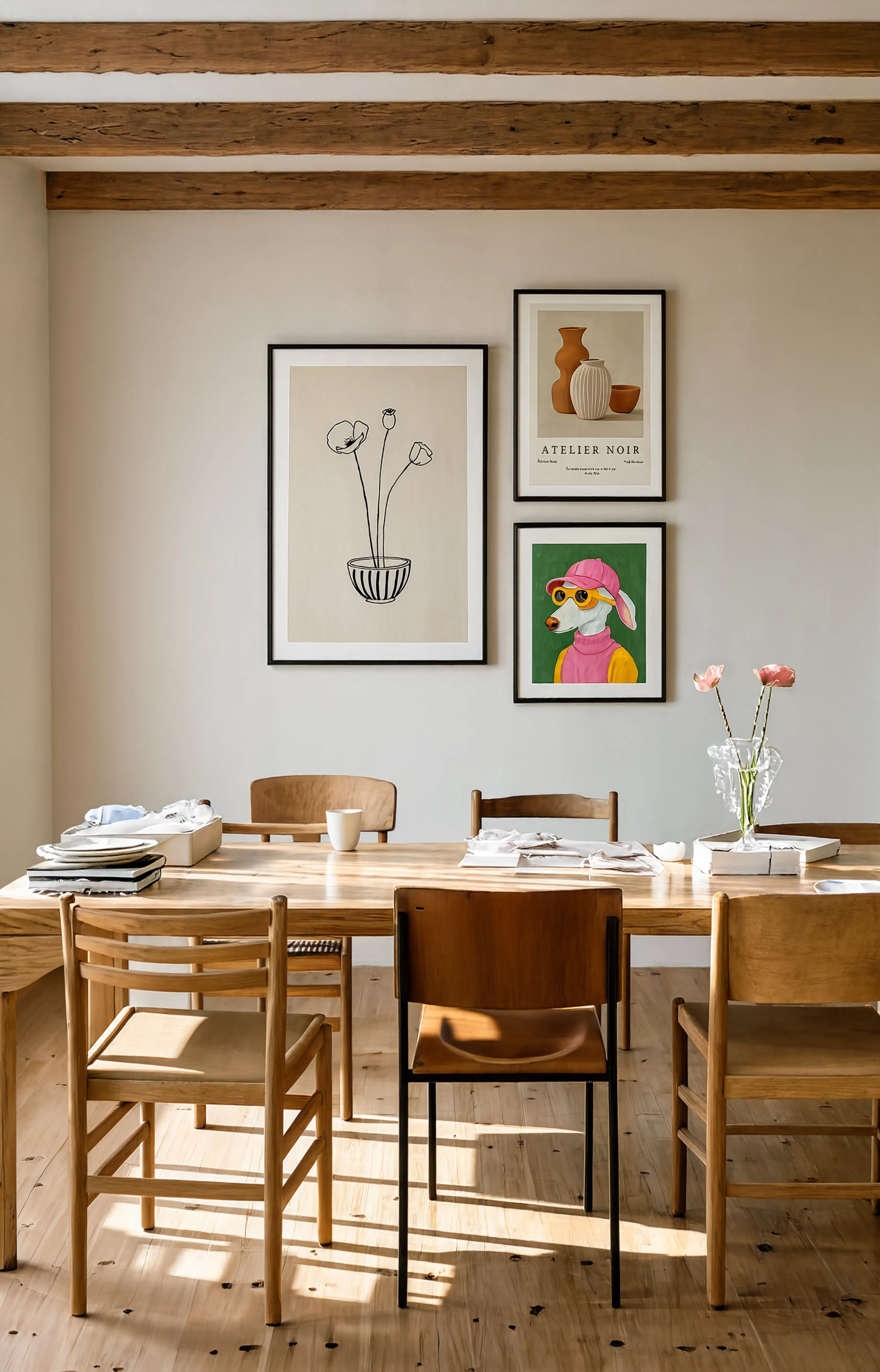 Set of 3 Wall Art Prints | Contemporary Dog, Botanical Still Life & Abstract Decor