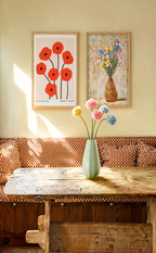 Set of 2 Red Floral Wall Art Prints – Abstract Botanical Shapes & Tadeusz Makowski Field Flowers Gallery Set
