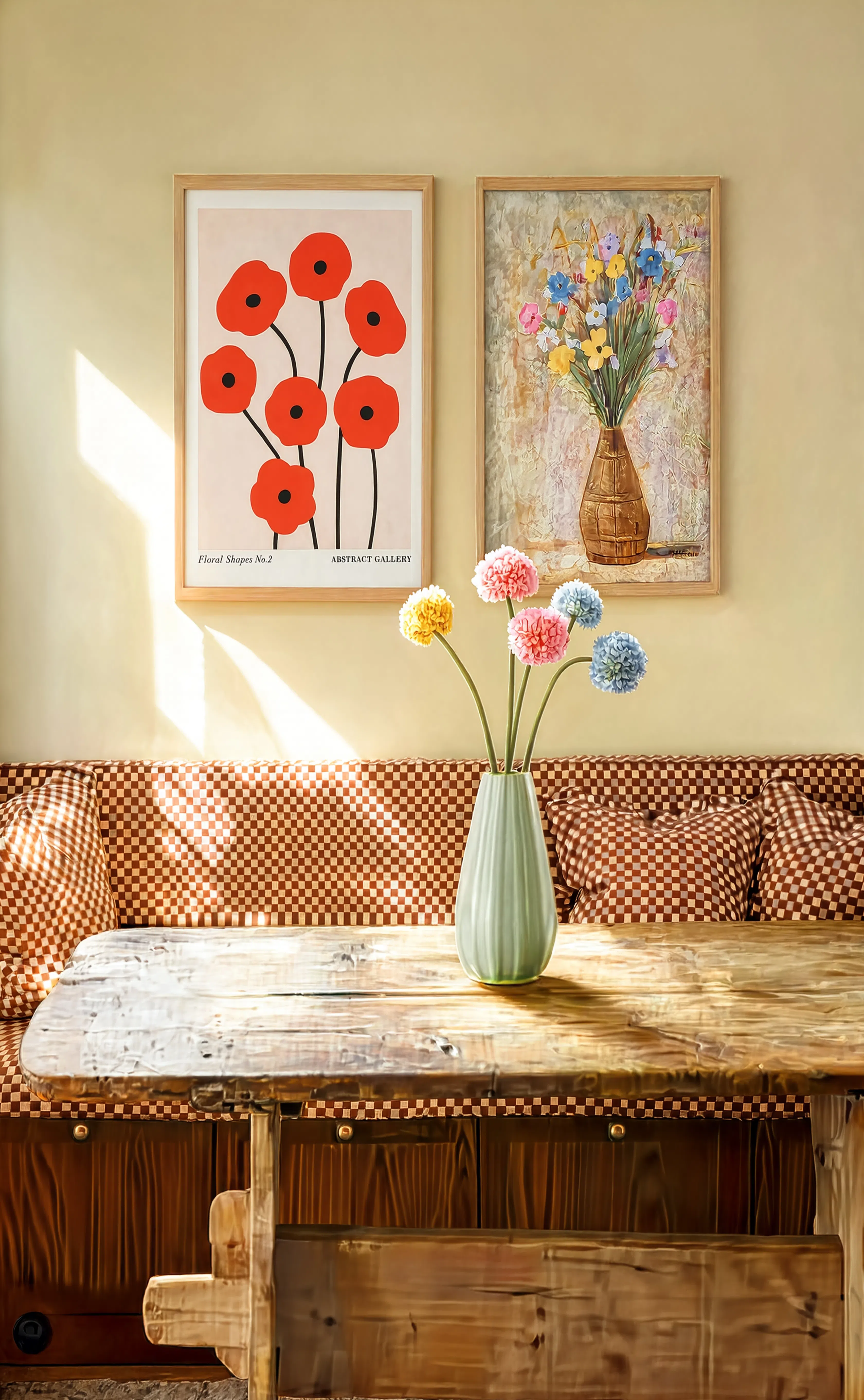 Set of 2 Red Floral Wall Art Prints – Abstract Botanical Shapes & Tadeusz Makowski Field Flowers Gallery Set