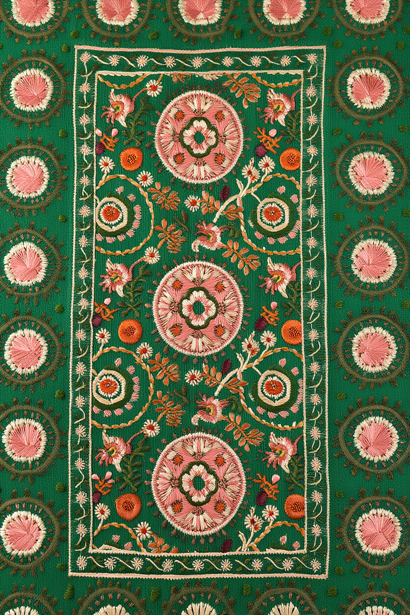 Suzani Green Floral Poster | Central Asian Textile-Inspired Art Print