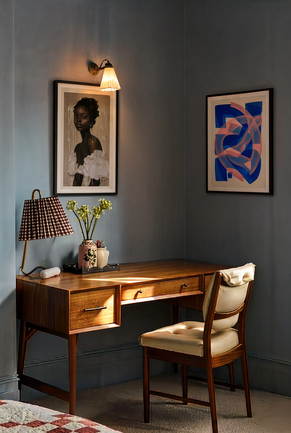 Set of 2 Modern Wall Art Prints | Painterly Portrait of a Black Woman & Cerulean Lines