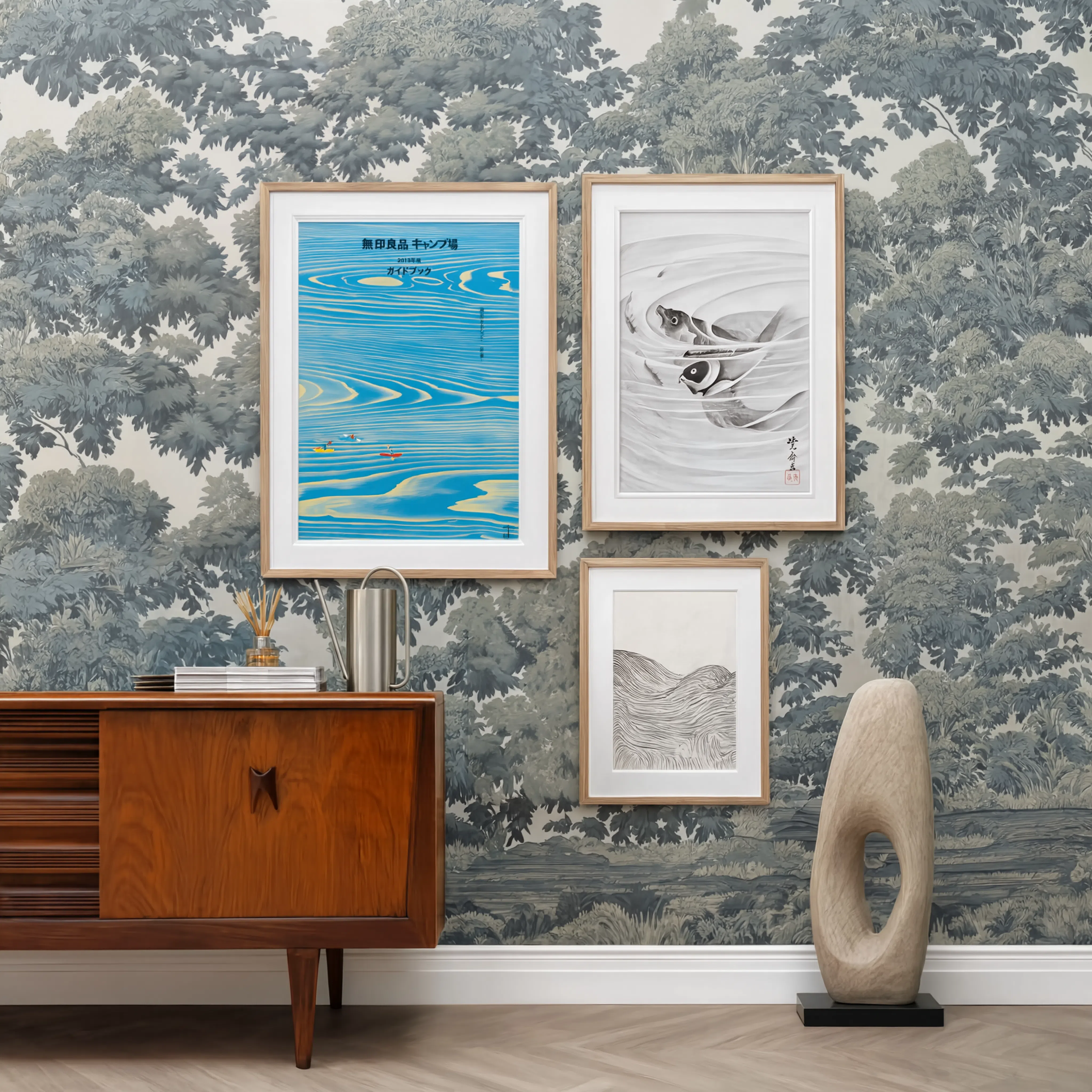 Set of 3 Wall Art Prints – Japanese Wave Art, Minimalist Travel Illustration & Ukiyo-e Fish Collection