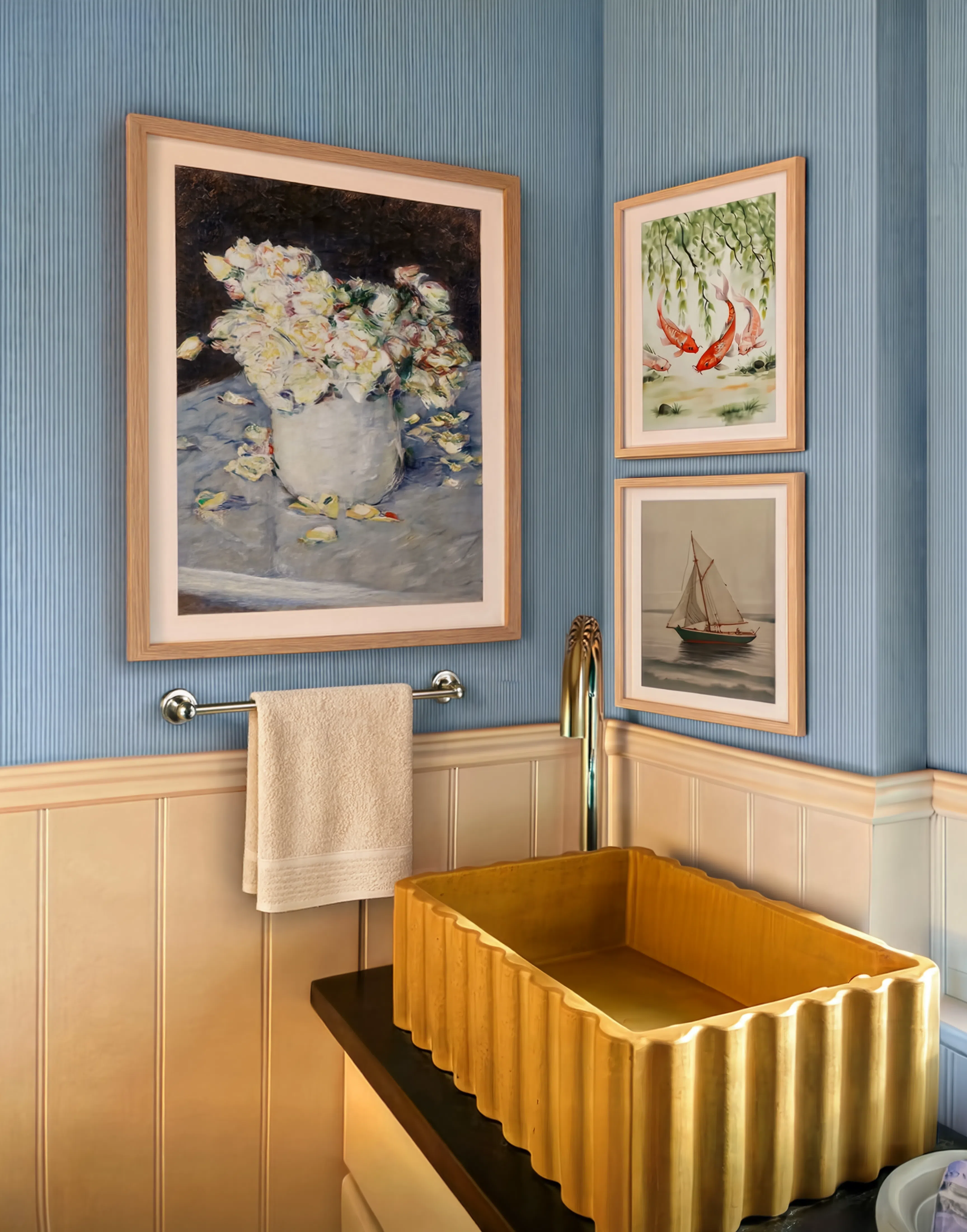 Set of 3 Wall Art Prints – Yellow Roses by Gustave Caillebotte, Koi Fish & Lotus & Green Sailboat Collection