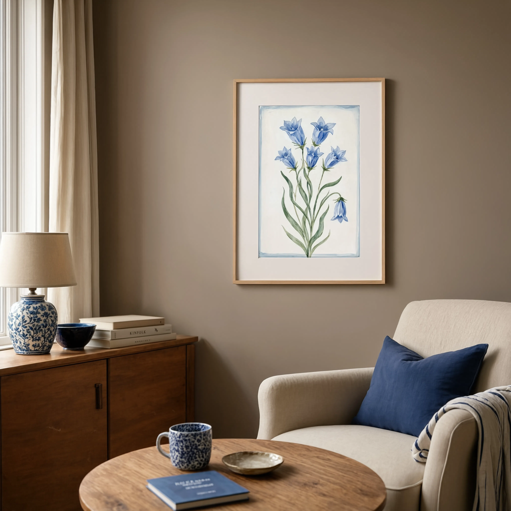 White Florals in Blue | Contemporary Botanical Wall Art Print