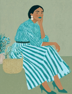 Teal Striped Seated Woman | Contemporary Figurative Art Print