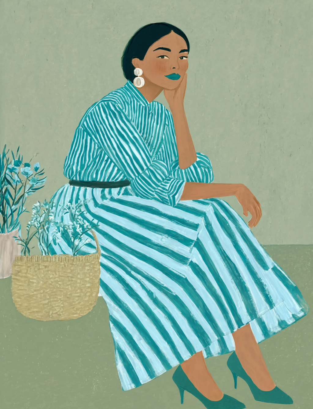 Set of 2 Wall Art Prints | Teal Striped Seated Woman & White Irises by Ogawa Kazumasa