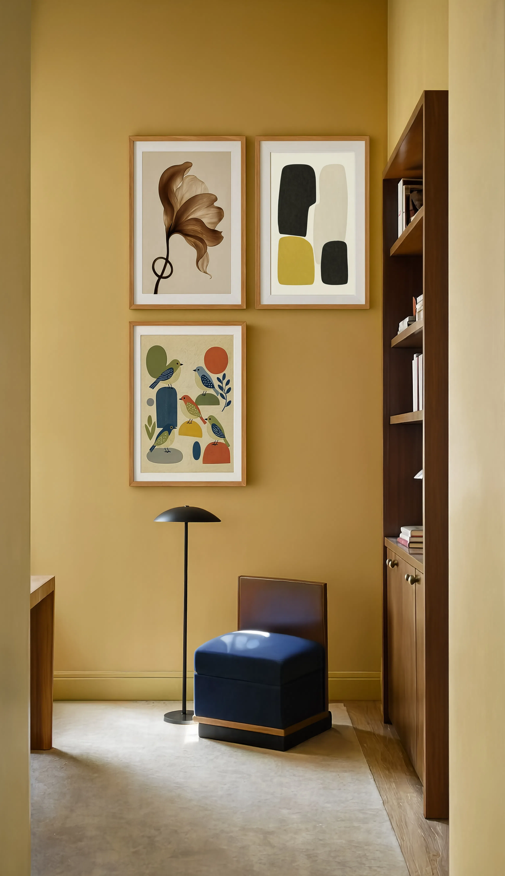 Set of 3 Black & Yellow Dot Composition, Amber Floral Ray & Mid-Century Birds | Contemporary, Floral & Scandinavian Art Prints