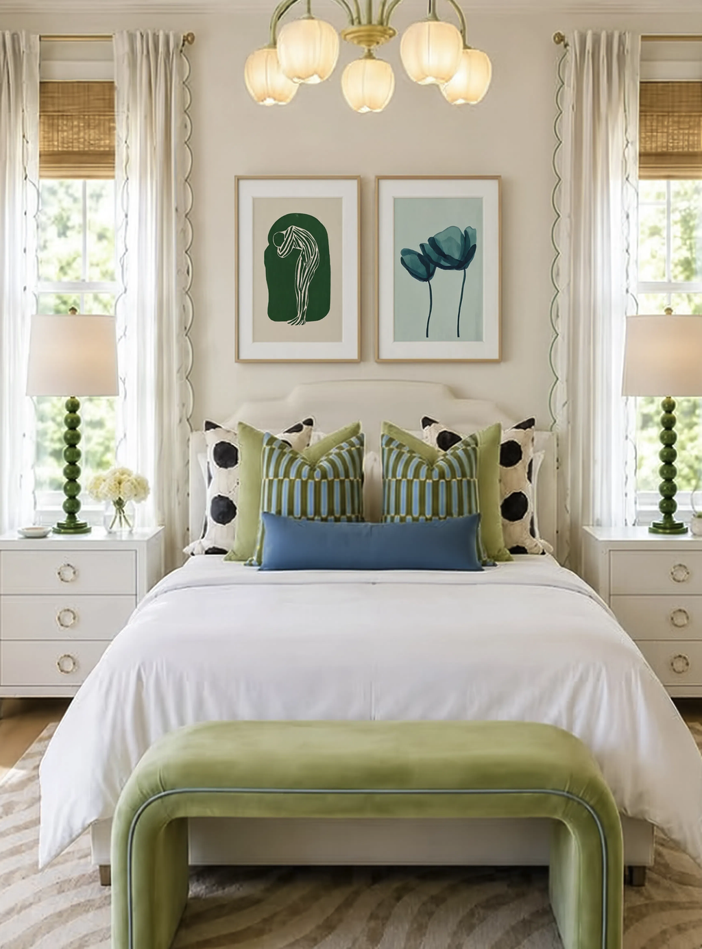 Set of 2 Teal Watercolor Florals + Green Striped Figure | Contemporary Botanical & Figurative Wall Art Prints
